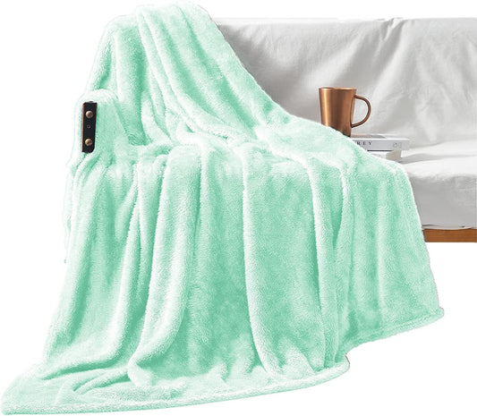 Exclusivo Mezcla Plush Fuzzy Large Fleece Throw Blanket ( 50" x 70", Mint Green)- Soft, Warm& Lightweight