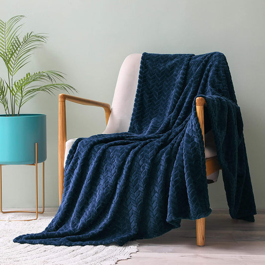 Exclusivo Mezcla Extra Large Flannel Fleece Throw Blanket, 50x70 Inches Leaves Pattern Soft Throw Blanket for Couch, Cozy, Warm, and Lightweight Blanket for Winter, Navy Blue Blanket