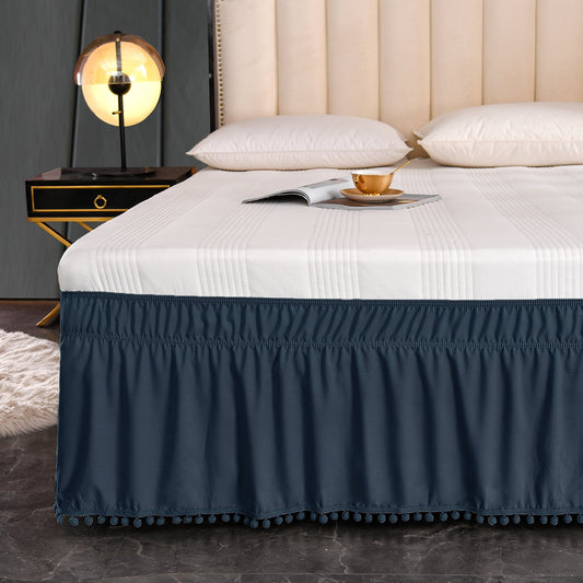 Exclusivo Mezcla Pom Pom Bed Skirt with Adjustable Elastic Belt, Easy Wrap Around Dust Ruffles with 16 Inch Tailored Drop, Wrinkle and Fade Resistant, (Full, Navy)
