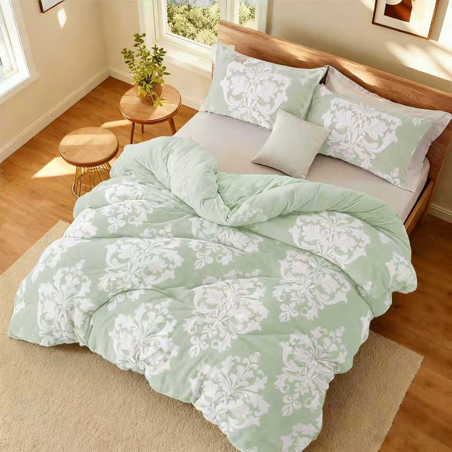 Exclusivo Mezcla Luxury Fuzzy King Size Comforter Set, 3 Pieces Boho Soft Warm Sage Green Comforters, Reversible Flannel Fluffy Bedding Comforter Sets for All Seasons