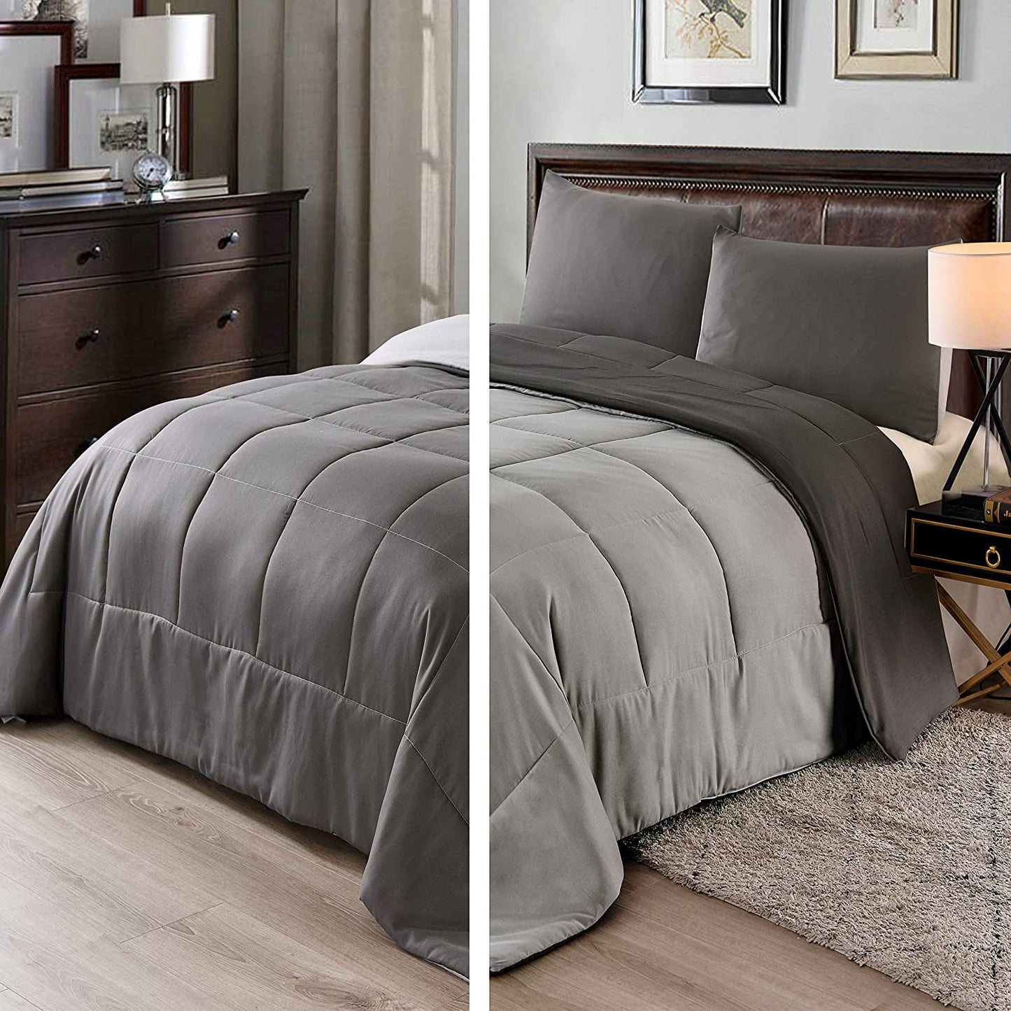 Exclusivo Mezcla Lightweight Reversible 3-Piece Comforter Set All Seasons, Down Alternative Comforter with 2 Pillow Shams, King Size, Grey