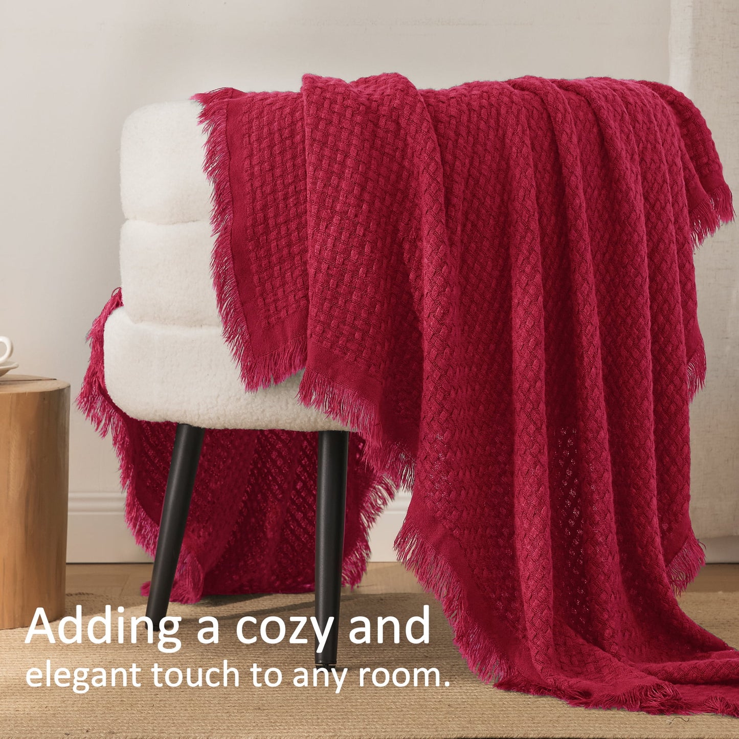Exclusivo Mezcla Knitted Queen Size Blanket with Fringes for Bed, Soft and Warm Textured Blanket for All Season, Lightweight Breathable Living Room Bedding, Red, 90??x90??,Exclusivo Mezcla"