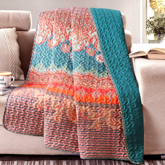 Exclusivo Mezcla Reversible Microfiber Boho Striped Pattern Quilted Throw Blanket for Bed/Couch/Sofa, Soft and Lightweight (50"x 60", Bohemian Teal)