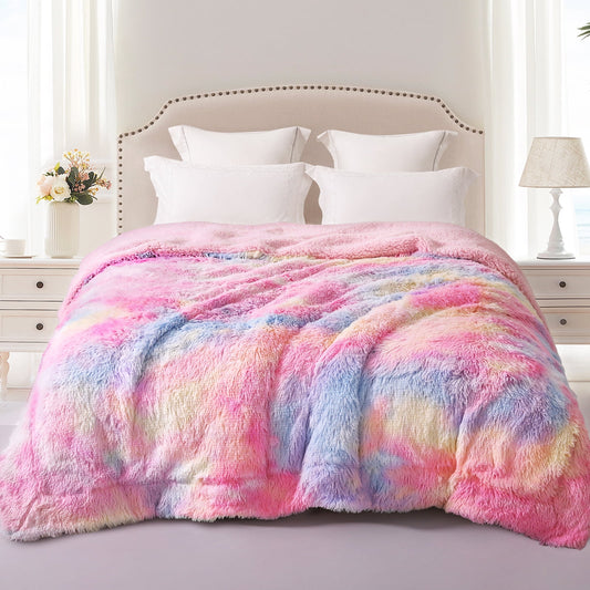 Exclusivo Mezcla Queen Size Faux Fur Bed Blanket, Super Soft Fuzzy and Plush Reversible Sherpa Fleece Blanket and Warm Blankets for Bed, Sofa, Travel, 90X90 inches, Light Rainbow
