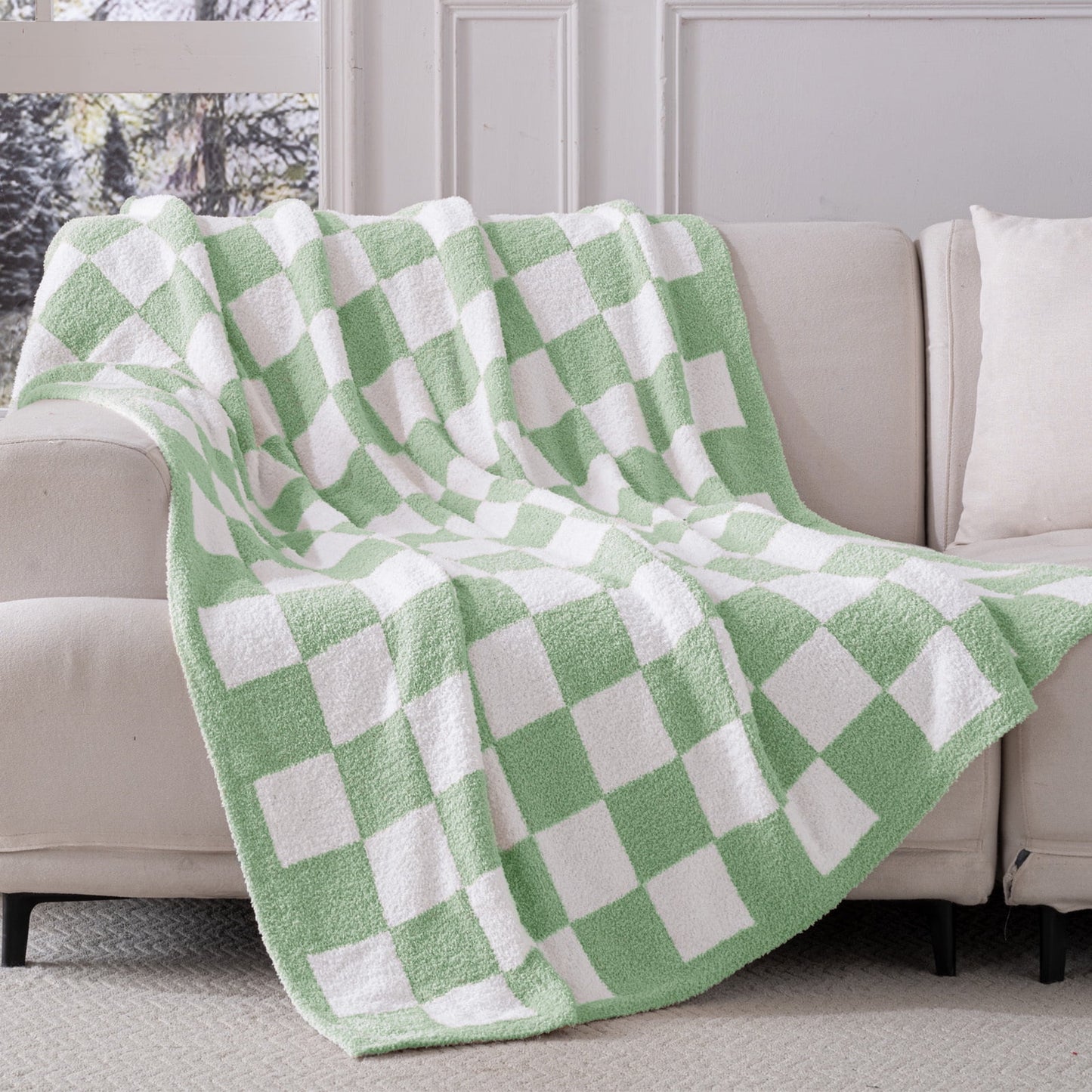 Exclusivo Mezcla Checkered Knit Throw Blanket, Ultra Soft Cozy Fluffy Checkerboard Blankets, Lightweight Fuzzy Plush Throw for Couch and Bed, Sage Green, 50"x60"