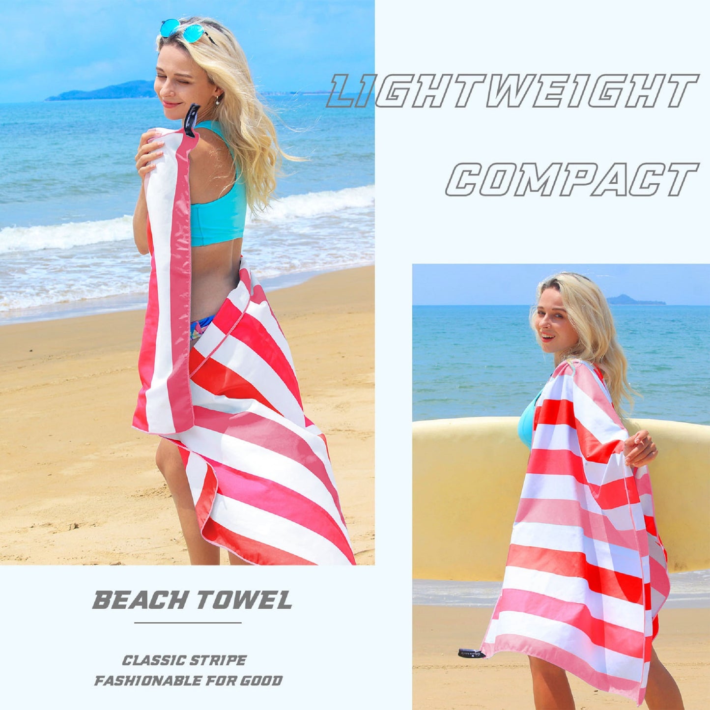 Exclusivo Mezcla Microfiber Quick Dry Beach Towel, Large Sand Free Beach Towel for Travel/ Camping/ Sports (Striped Red, 30"X60") - Super Absorbent, Compact and Lightweight