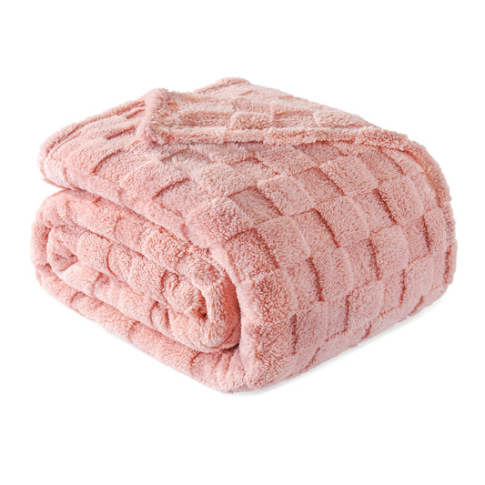 Exclusivo Mezcla Queen Size Flannel Fleece Blanket, Super Soft 3D Checkered Jacquard Bed Blanket, Cozy Fluffy Lightweight Blanket for All Seasons, 90x90 Inches, Pink Blanket
