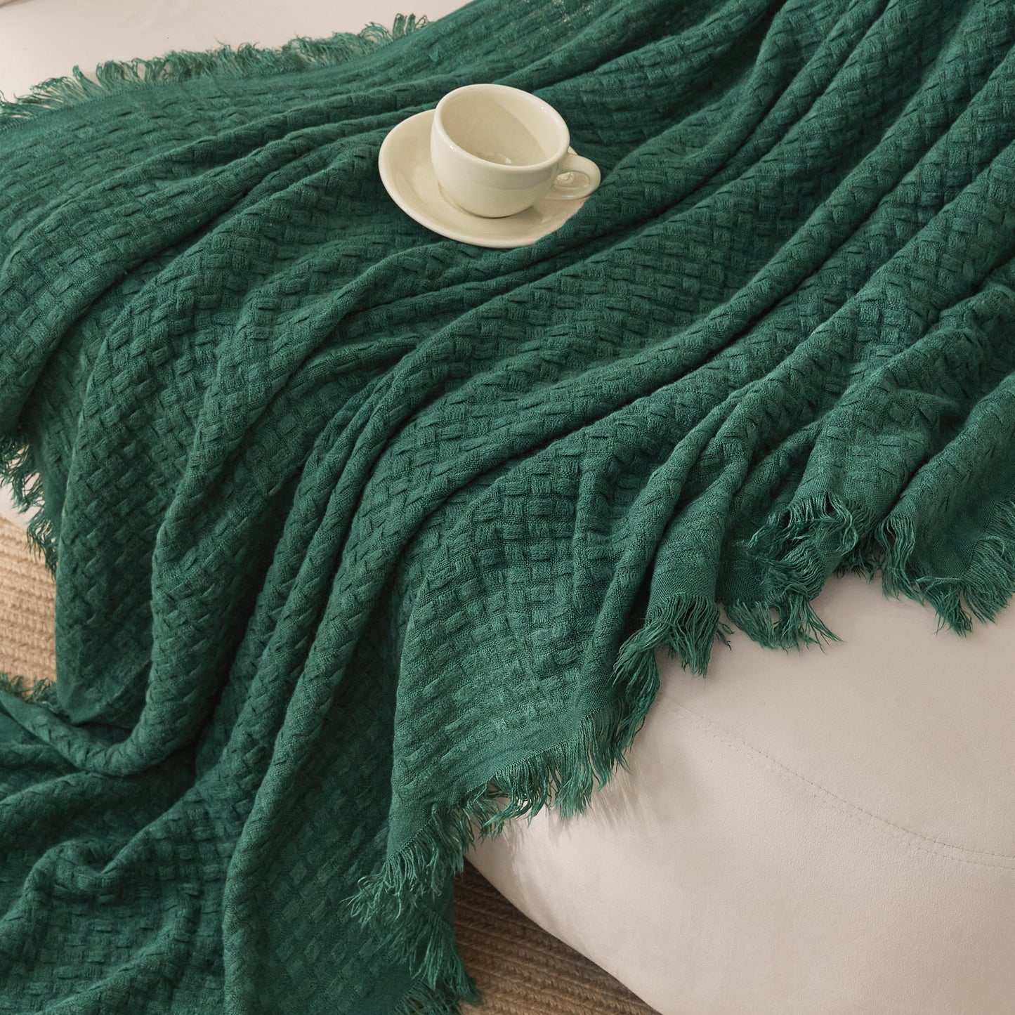 Exclusivo Mezcla Knitted Throw Blanket with Fringes for Couch, Soft and Warm Textured Throw for All Season, Lightweight Breathable Room Decor, Forest Green, 50??x60??,Exclusivo Mezcla"