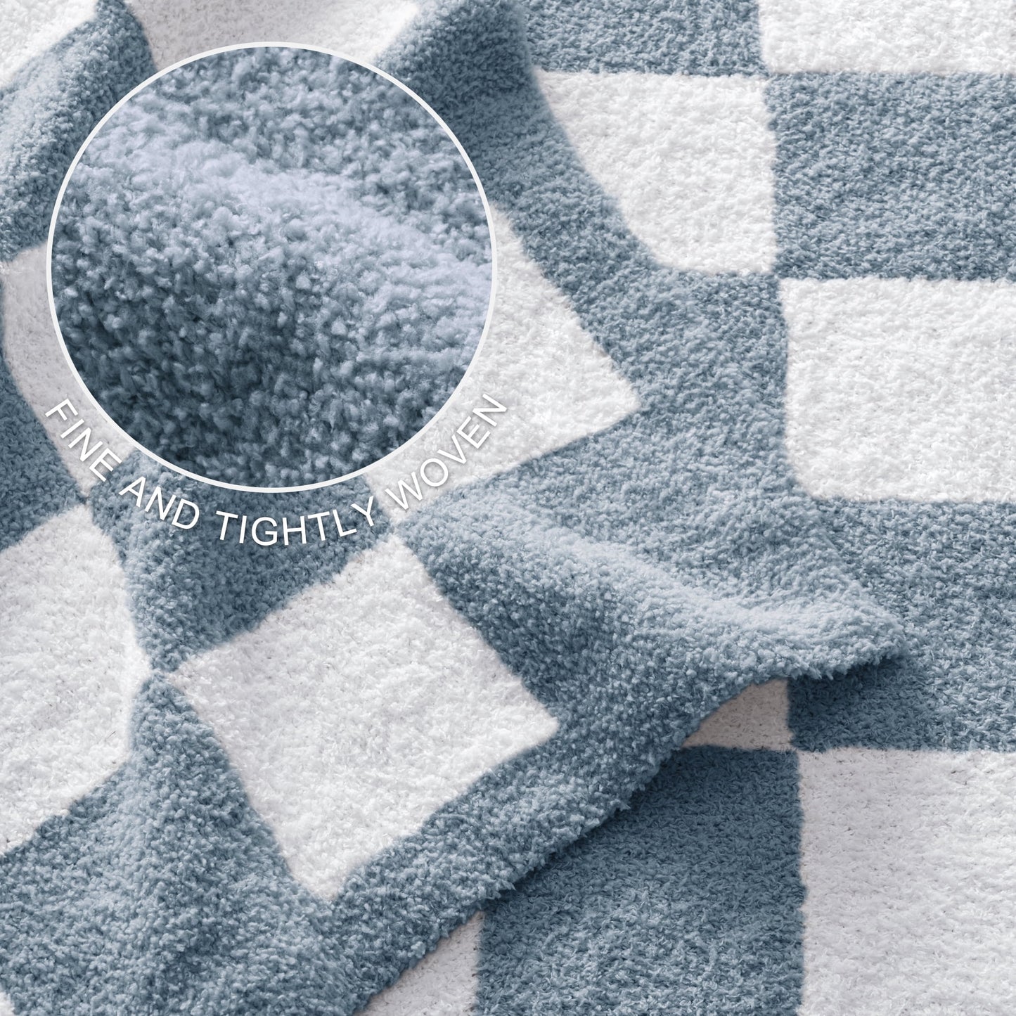 Exclusivo Mezcla Checkered Knit Blanket for Bed Twin Size, Ultra Soft Cozy Fluffy Blanket, Lightweight Fuzzy Throw for Couch and Bed, Stone Blue, 60"x80"