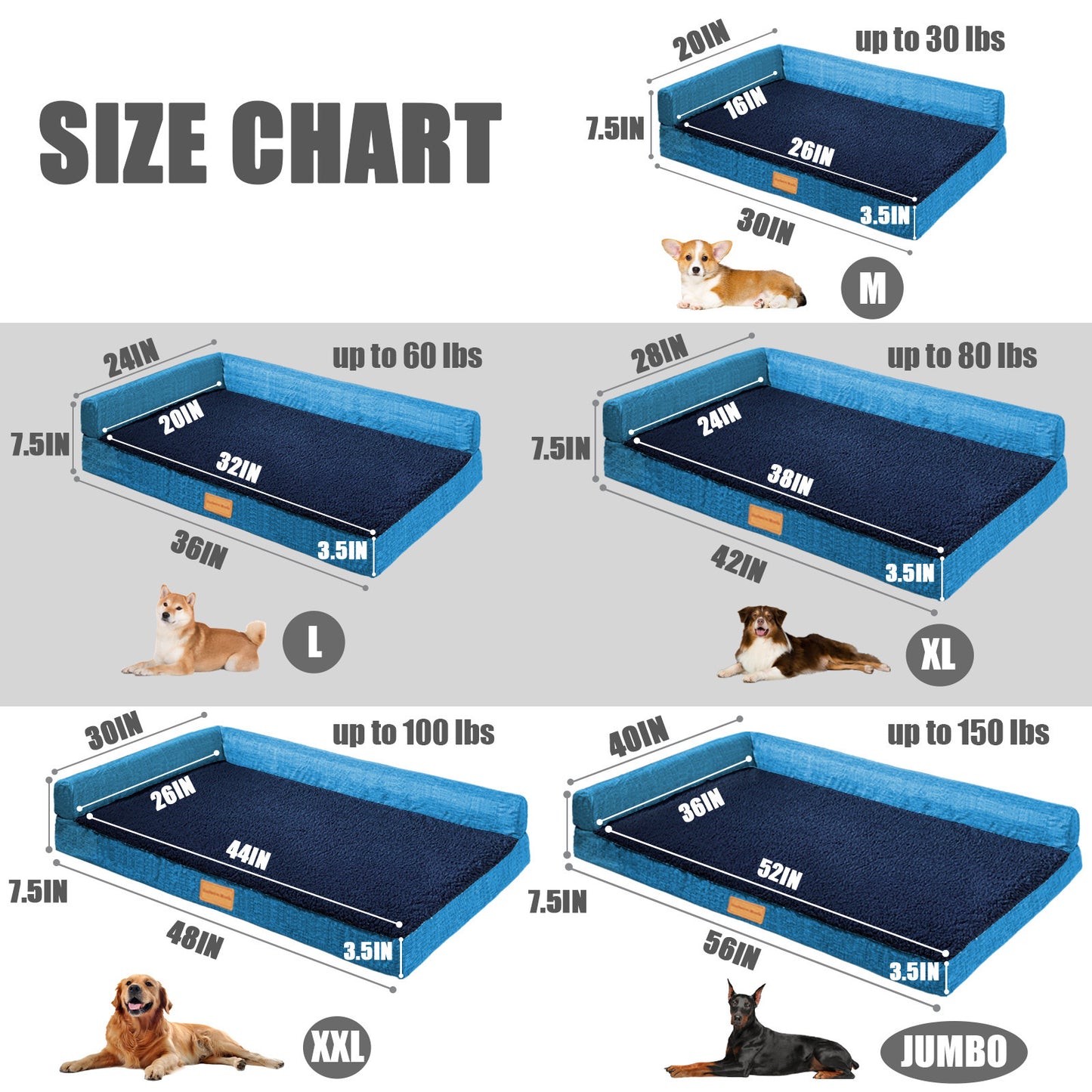 Exclusivo Mezcla Orthopedic XXL Dog Bed for Extra Large Dogs 48''X30'', L Shaped with Removable Washable Cover, Waterproof Supportive Foam Pet Couch Bed Mat, Navy Blue