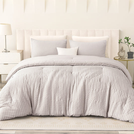 Exclusivo Mezcla 2-Piece Seersucker Twin Comforter Set Light Grey, Lightweight Soft Striped Pattern All Season Bedding Comforter sets with 1 Pillow Sham