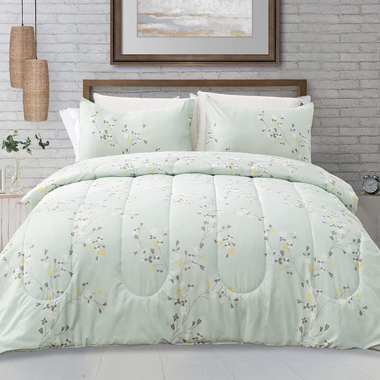 Exclusivo Mezcla 3-Piece Floral Queen Comforter Set, Microfiber Bedding Down Alternative Comforter for All Seasons with 2 Pillow Shams, Milky Green