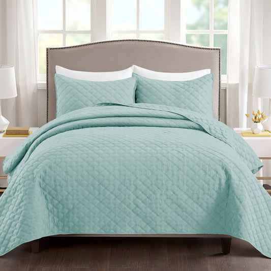 Exclusivo Mezcla 3-Piece Aqua King Size Quilt Set, Box Pattern Ultrasonic Lightweight and Soft Quilts/Bedspreads/Coverlets/Bedding Set (1 Quilt, 2 Pillow Shams) for All Seasons