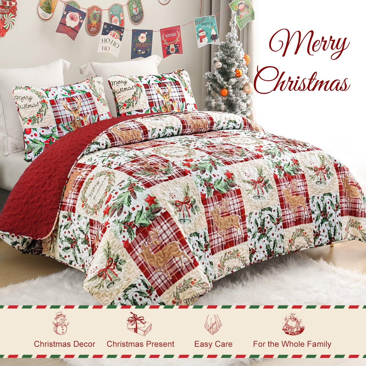 Exclusivo Mezcla Christmas Quilt King Size, Rust Red Patchwork Bedspreads Reversible Coverlets Bedding Set with Printed Reindeer Wreaths Pattern (1 Quilt, 2 Pillow Shams)