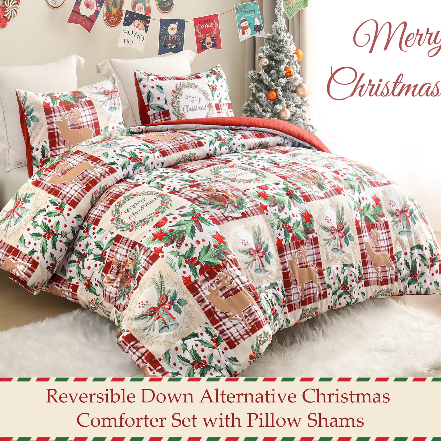 Exclusivo Mezcla Christmas King Size Comforter Set, 3 Pieces Reversible Rust Red Patchwork Bedding Comforters, Printed Reindeer Wreaths Pattern