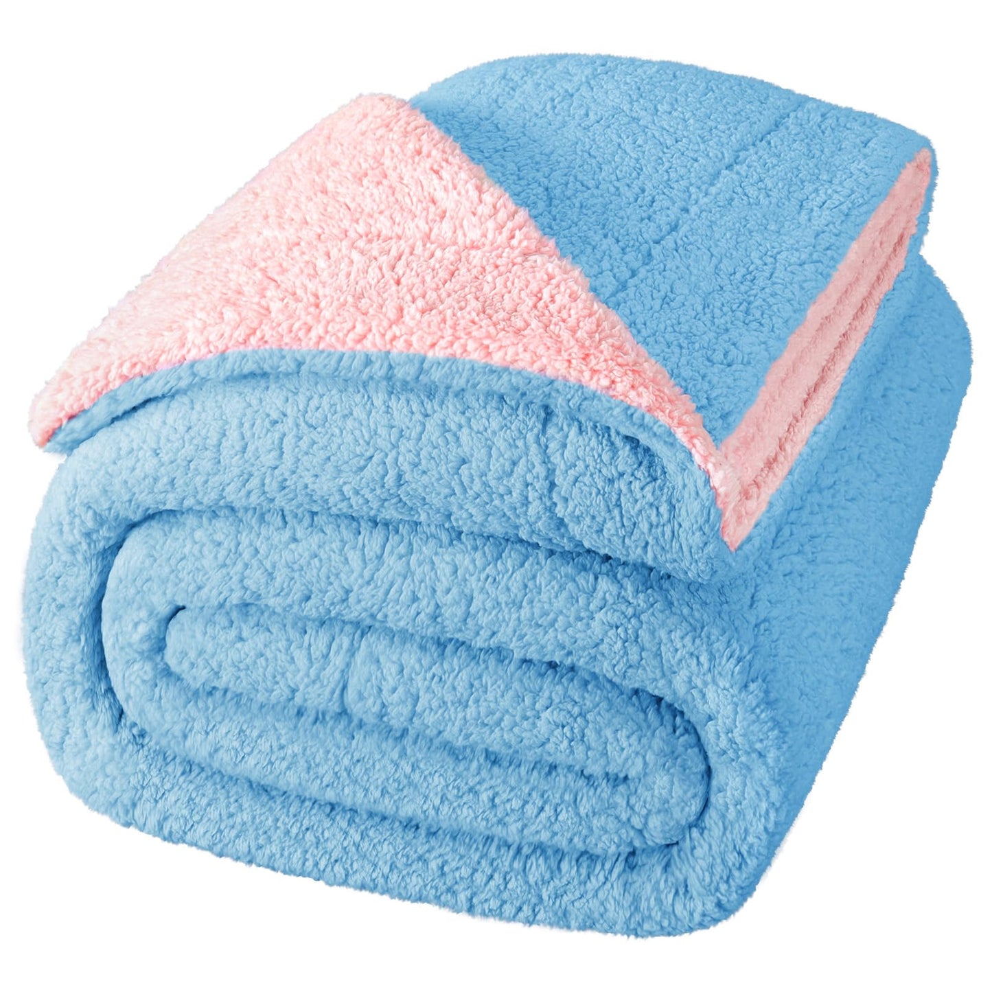 Exclusivo Mezcla Reversible Twin Size Sherpa Blanket, Thick and Warm Fleece Blankets for Winter, Soft Plush Fluffy for Bed, 60x80 Inches, Blue/ Light Pink