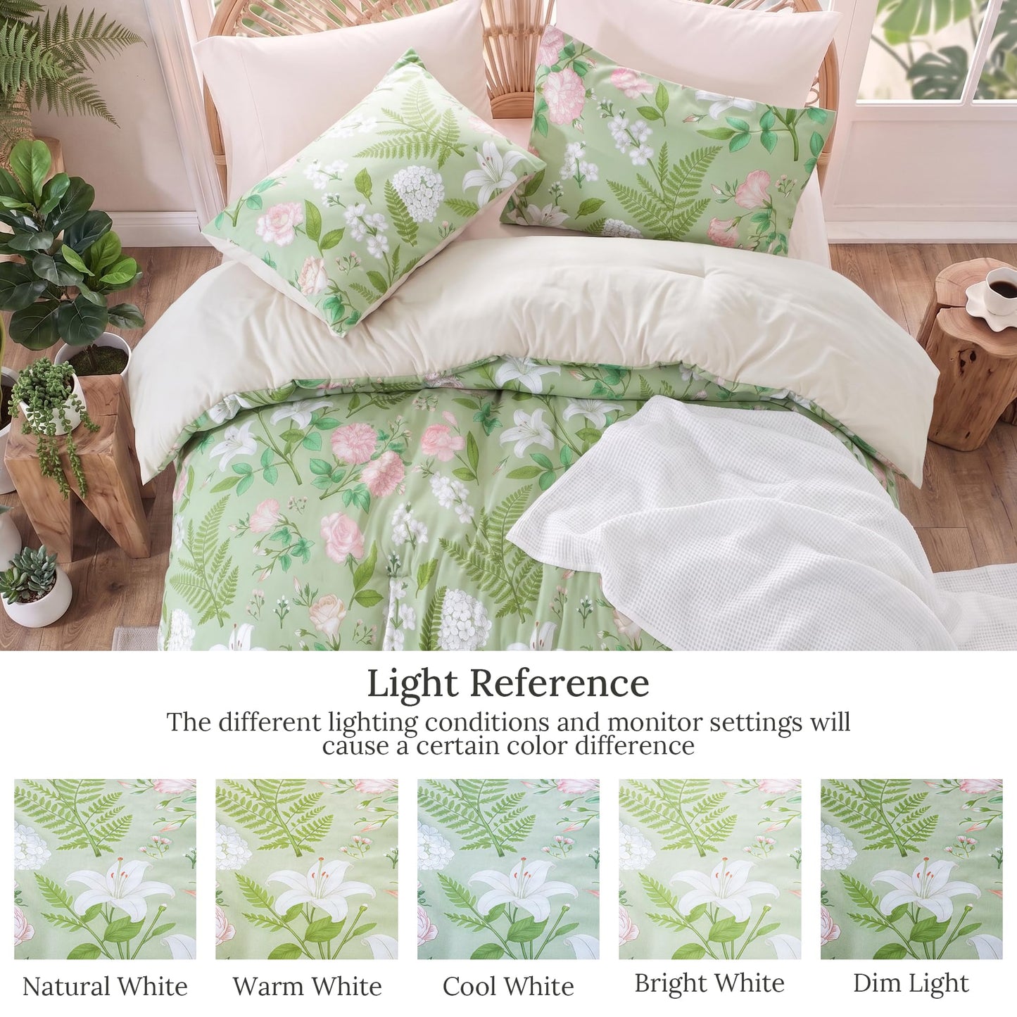 Exclusivo Mezcla Floral California King Comforter Set, 3 Pieces Lightweight Reversible Soft Bedding Comforters for All Seasons, Green Botanical Flowers Pattern