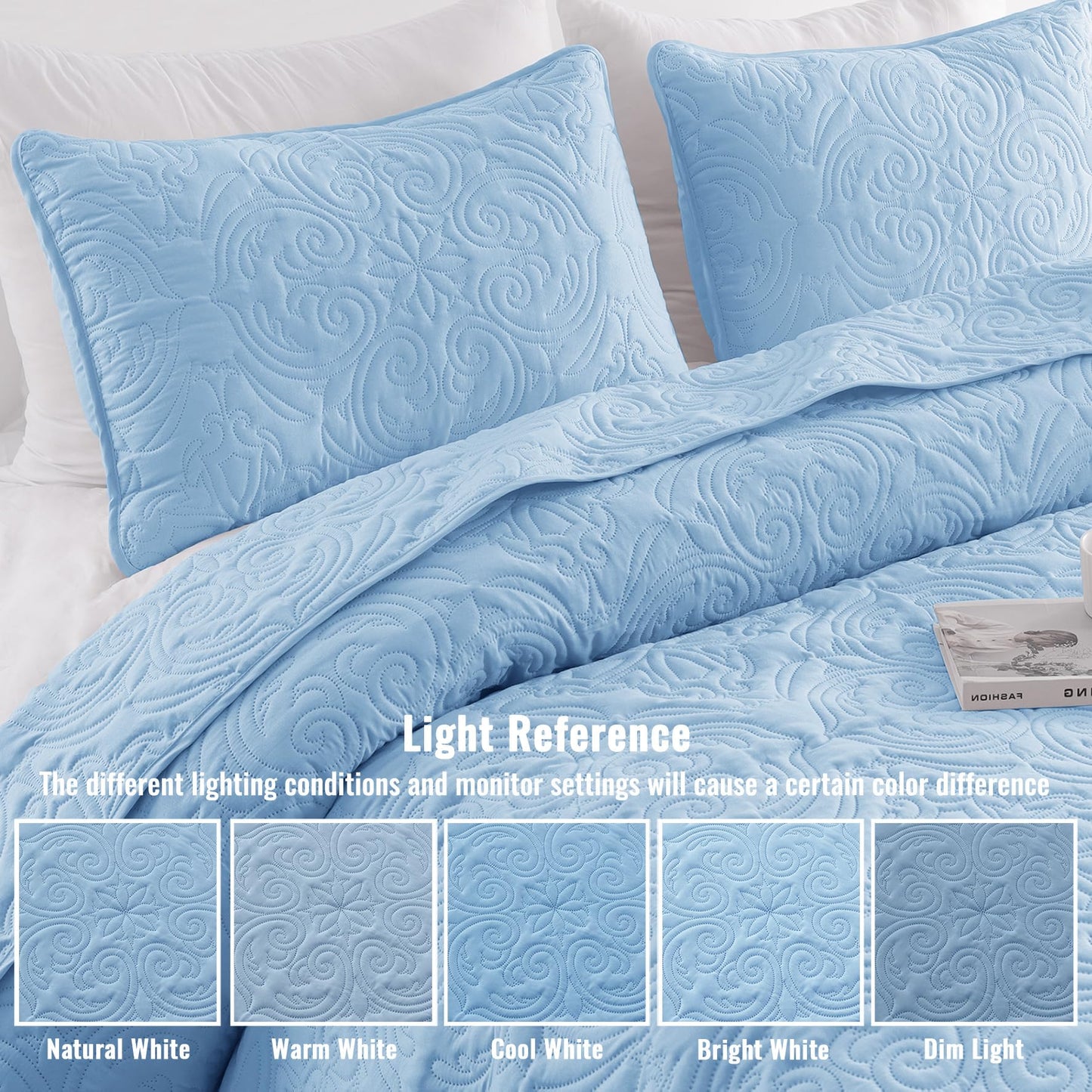 Exclusivo Mezcla Twin Quilt Bedding Set with 1 Pillow Sham, Lightweight Sky Blue Twin Size Quilt Bedspread with Vintage Damask Pattern, Soft Bedspreads Coverlets for All Seasons