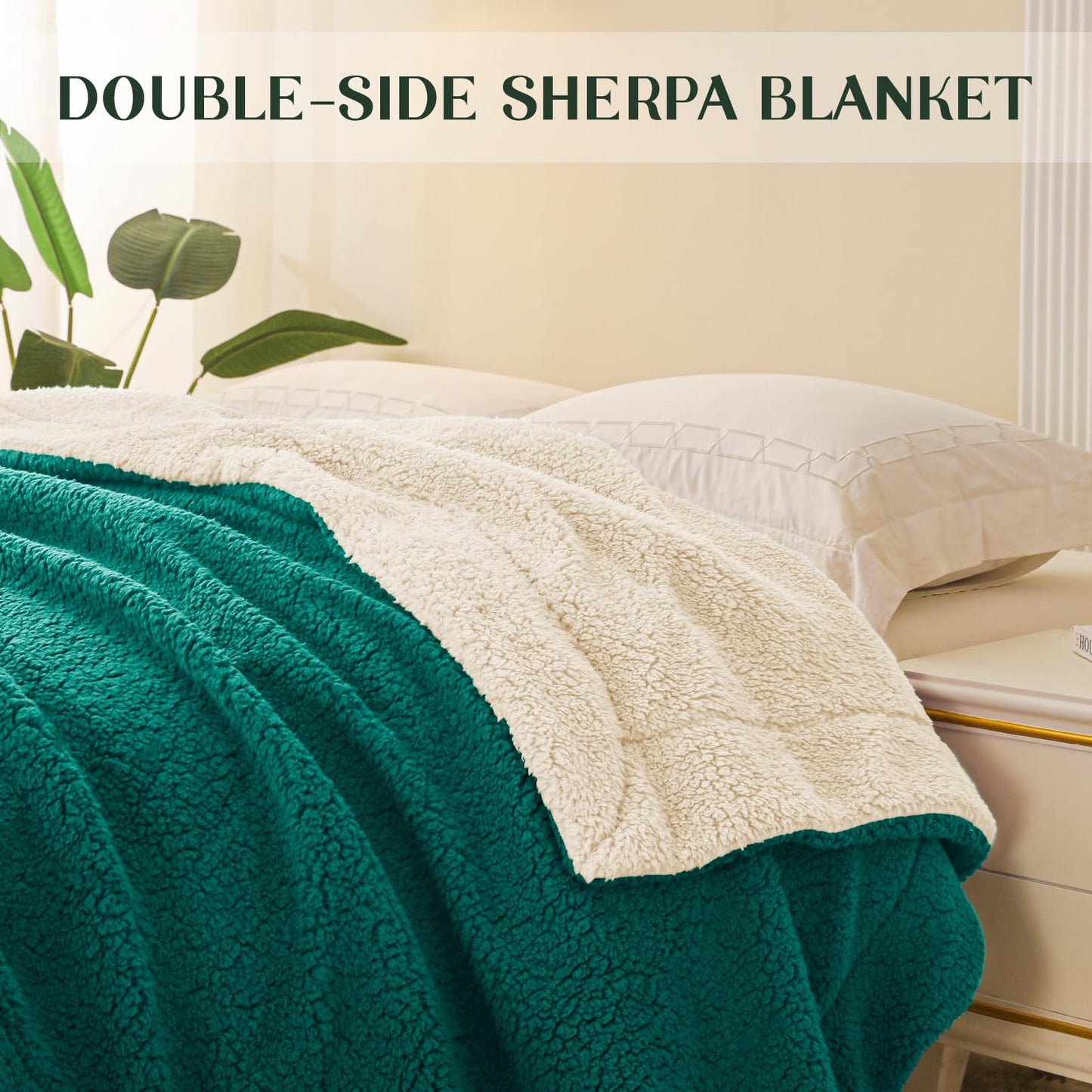 Exclusivo Mezcla Reversible Twin Size Sherpa Blanket, Thick and Warm Fleece Blankets for Winter, Soft Plush Fluffy for Bed, 60x80 Inches, Emerald Green/ White