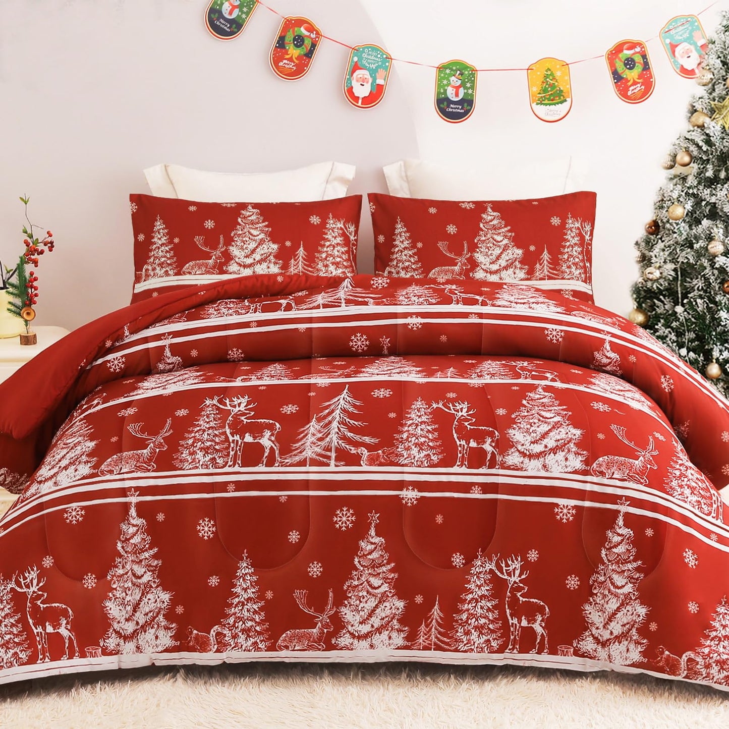 Exclusivo Mezcla Christmas Full Size Comforter Set, 3 Pieces Reversible Rust Red Striped Down Alternative Comforter Sets, Printed Christmas Trees Snowflakes Pattern