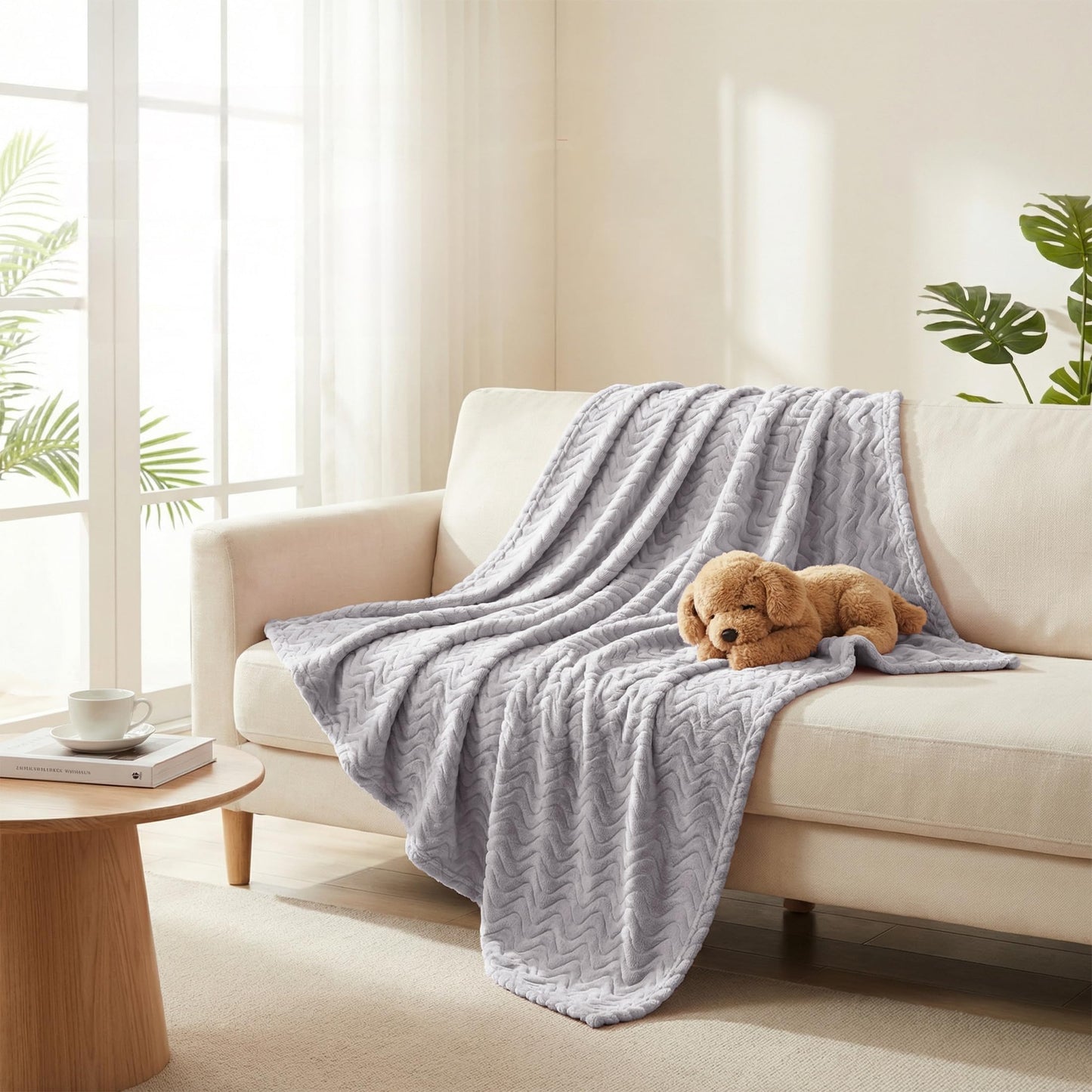 Exclusivo Mezcla King Size Jacquard Weave Wave Pattern Flannel Fleece Velvet Plush Bed Blanket as Bedspread/Coverlet/Bed Cover (90" x 104", Light Grey) - Soft, Lightweight, Warm and Cozy
