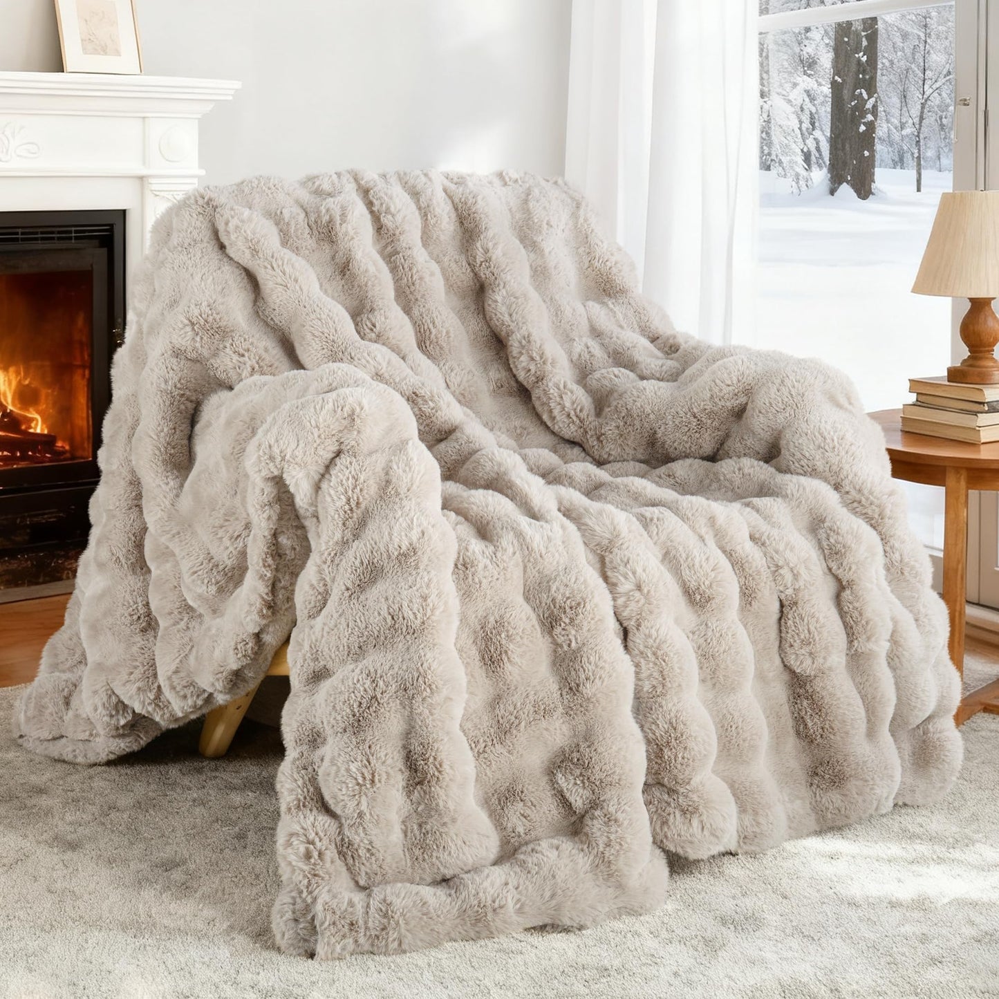 Exclusivo Mezcla Faux Fur Throw blanket for couch, Luxury Reversible 3D Rabbit Bubble Fuzzy Thick Sherpa Blankets for Winter, Plush Fleece Warm Cozy Bed Throw, 50x60 Inches, Beige