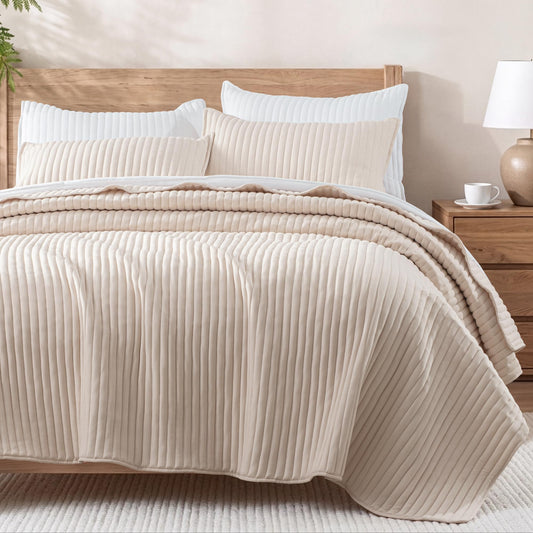 Exclusivo Mezcla Full Queen Quilt Bedding Set, Stripe Stitching Beige Quilts Queen Size for All Seasons, Soft Lightweight Microfiber Bedspreads Coverlets Bed Cover, 90"x96"