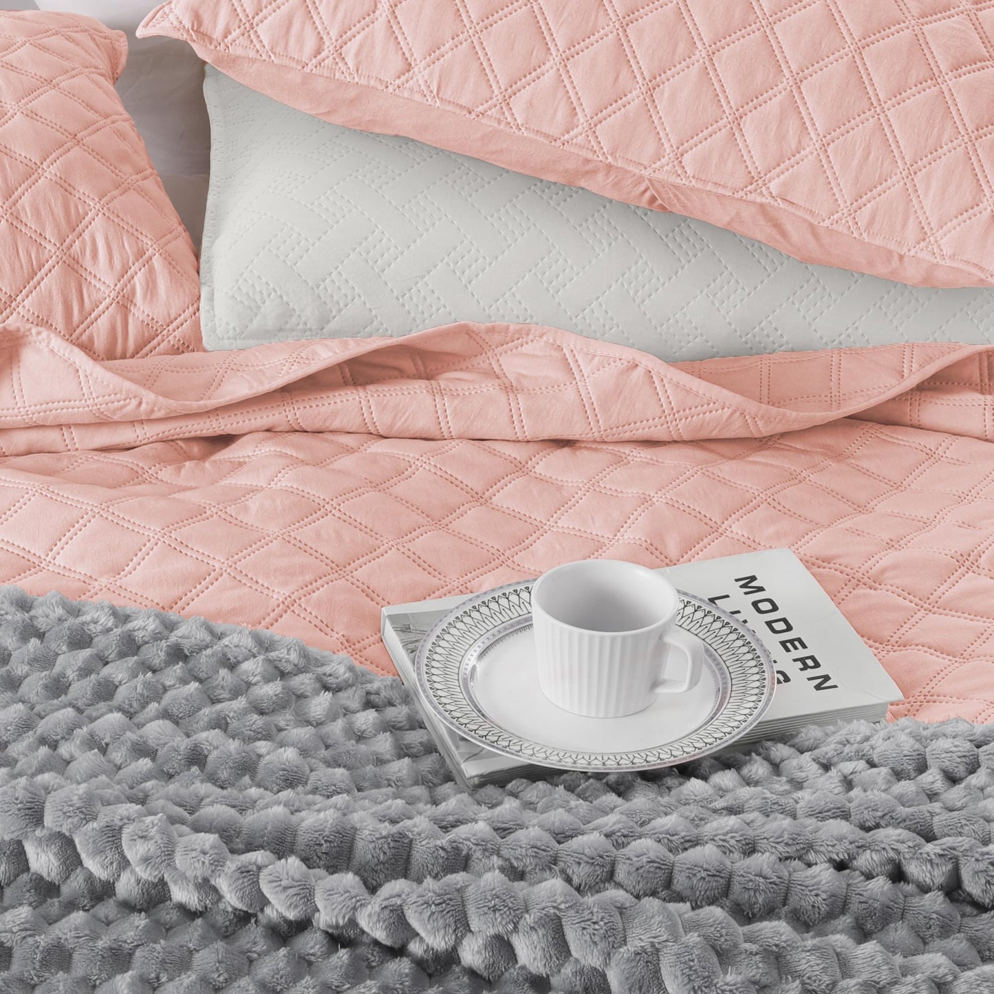 Exclusivo Mezcla Soft Quilt Set Twin Size, 2 Pieces Lightweight Quilts Blush Pink Bedspreads Coverlets Bedding Set for All Seasons, Grid Pattern