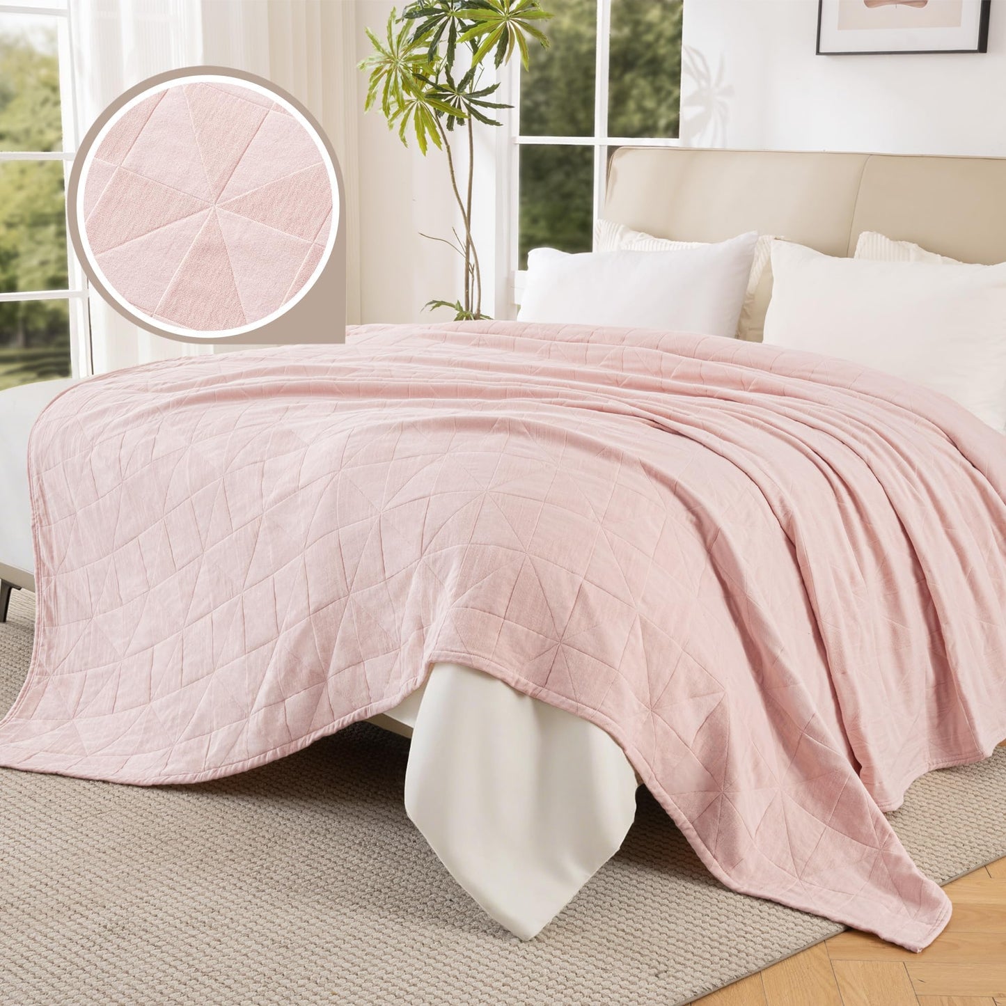 Exclusivo Mezcla 100% Cotton 4 Layers Muslin Blanket Queen Size for Bed, Moisture-wicking and Breathable Gauze Blanket with Geometric Pattern for Year Round Comfort, 90"x90", Pink