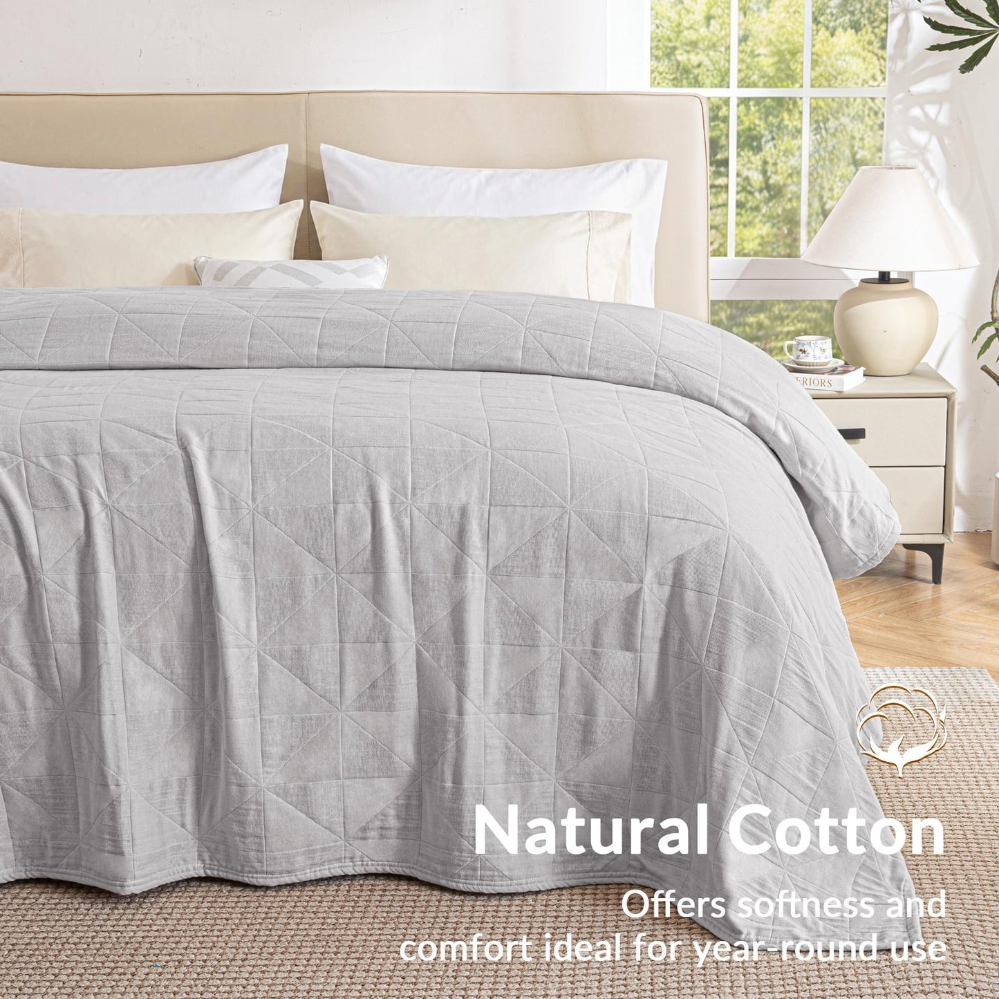 Exclusivo Mezcla 100% Cotton 4 Layers Muslin Blanket Queen Size for Bed, Moisture-wicking and Breathable Gauze Blanket with Geometric Pattern for Year Round Comfort, 90"x90", Light Grey