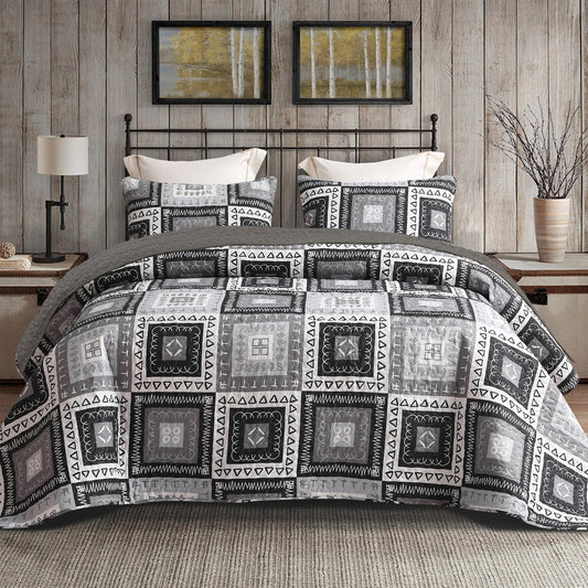 Exclusivo Mezcla Reversible Boho Quilts Queen Size, Black Bedspreads Lightweight Coverlet All Season Patchwork Quilt Bedding Set with Printed Floral Pattern (1 Quilt, 2 Pillow Shams)