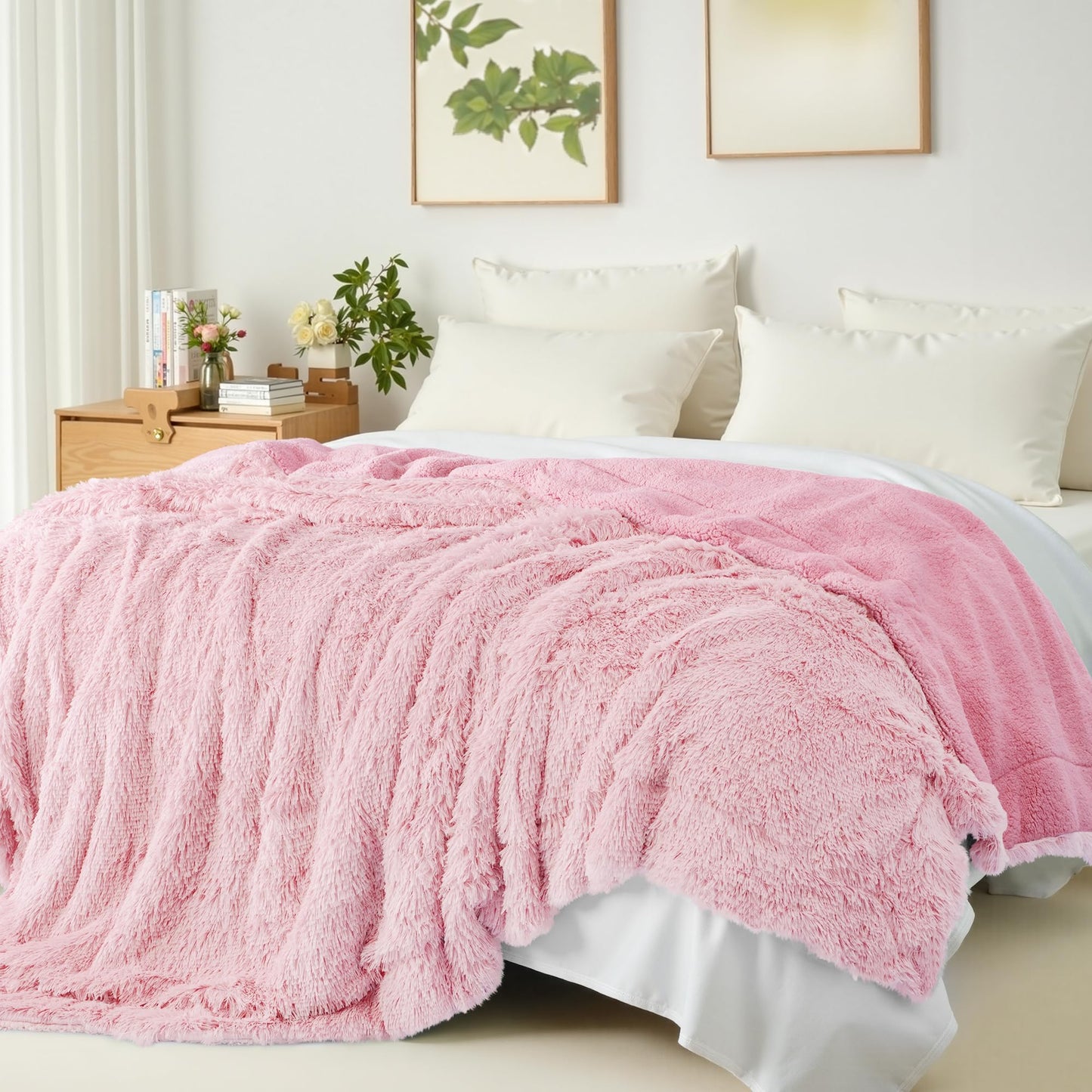 Exclusivo Mezcla Fuzzy Faux Fur Bed Blanket Twin Size, Reversible Shaggy Sherpa Fleece Blankets, Fluffy Plush Warm Throws for Couch, Bed, 60X80 Inches, Dusty Pink