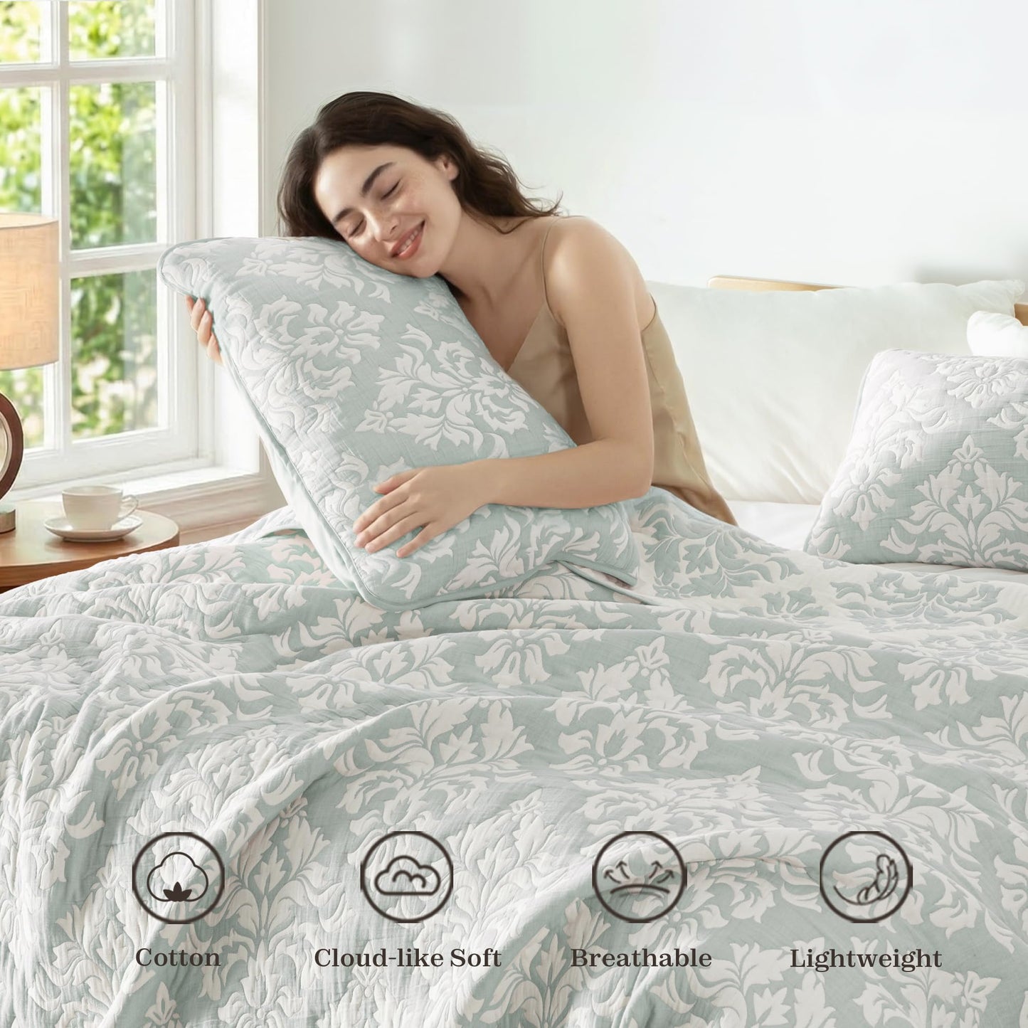 Exclusivo Mezcla Quilts Queen Size Sage Green, Cotton Muslin Soft Breathable Bedspread Lightweight Prewashed Bed Coverlet With 2 Pillow Shams, Boho Pattern Yarn Dyed Quilt Bedding Set for All Seasons