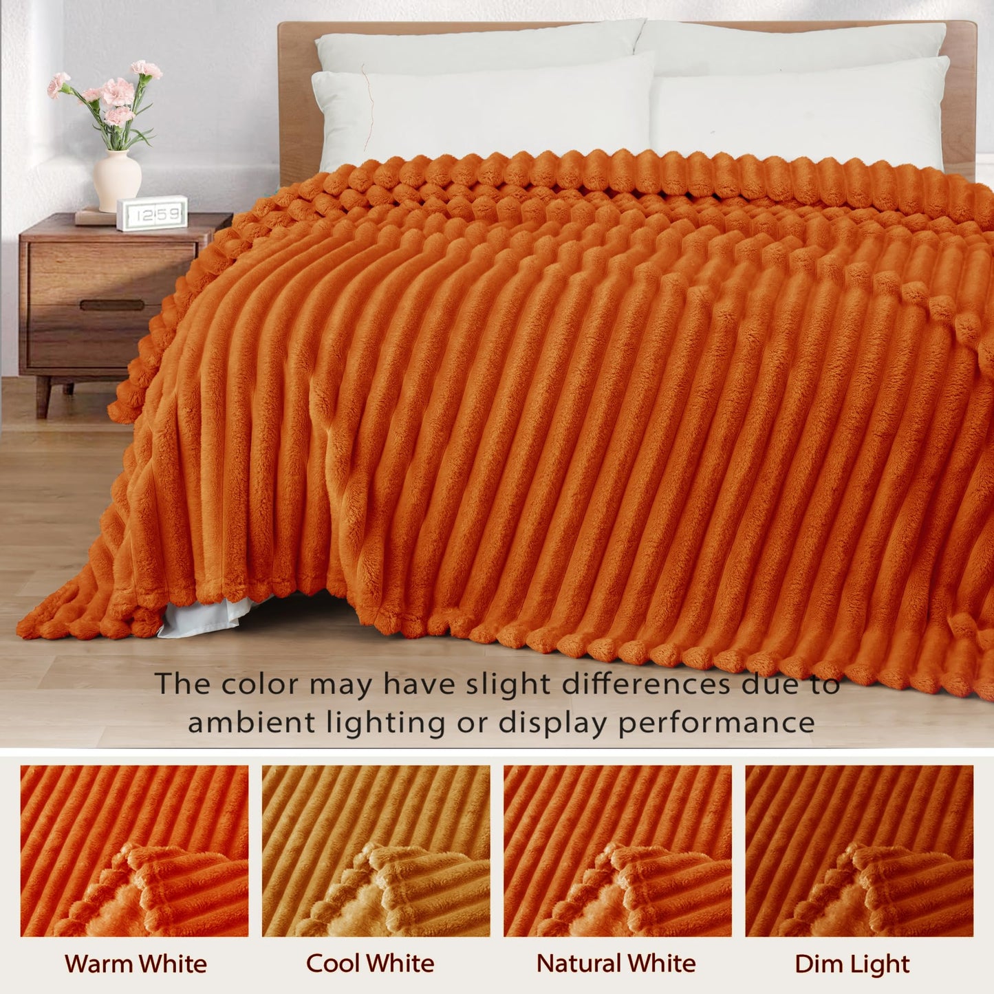 Exclusivo Mezcla Queen Size Flannel Fleece Blanket, Super Soft 3D Striped Jacquard Blanket for Bed, Lightweight Fuzzy Cozy Blankets, Burnt Orange, 90"x90"