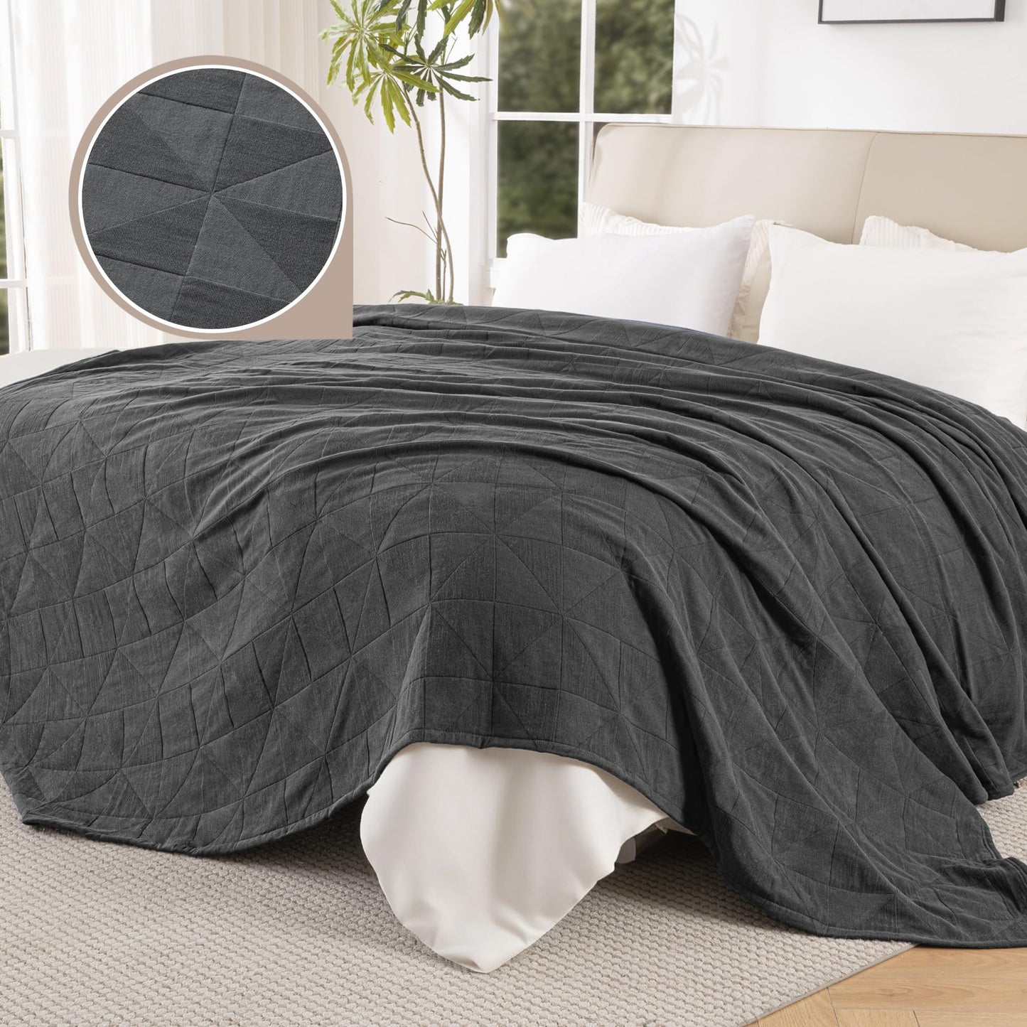 Exclusivo Mezcla 100% Cotton 4 Layers Muslin Blanket Queen Size for Bed, Moisture-wicking and Breathable Gauze Blanket with Geometric Pattern for Year Round Comfort, 90"x90", Dark Grey