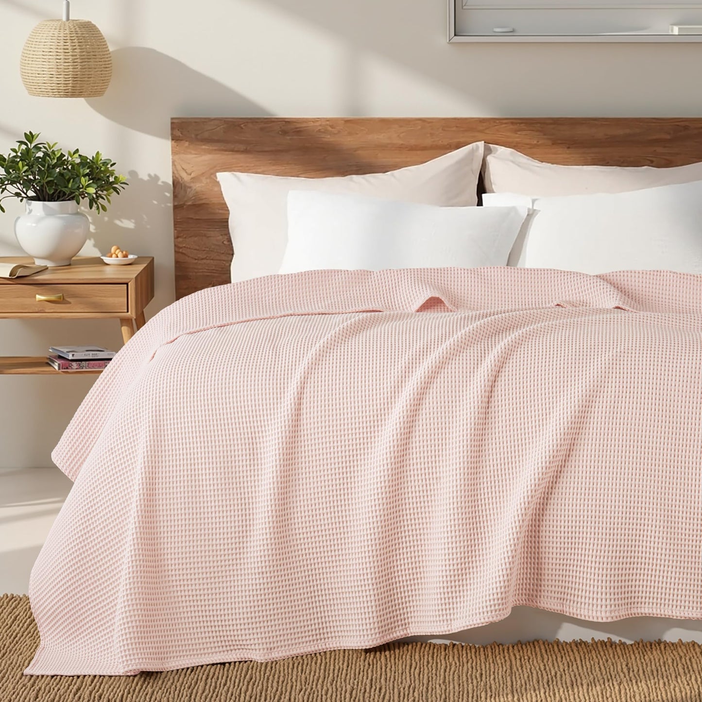 Exclusivo Mezcla 100% Cotton Waffle Weave Blanket Twin Size, Soft, Lightweight and Breathable Muslin Gauze Blanket for Dorm, Home Decor, All Season, 60"x80", Pink