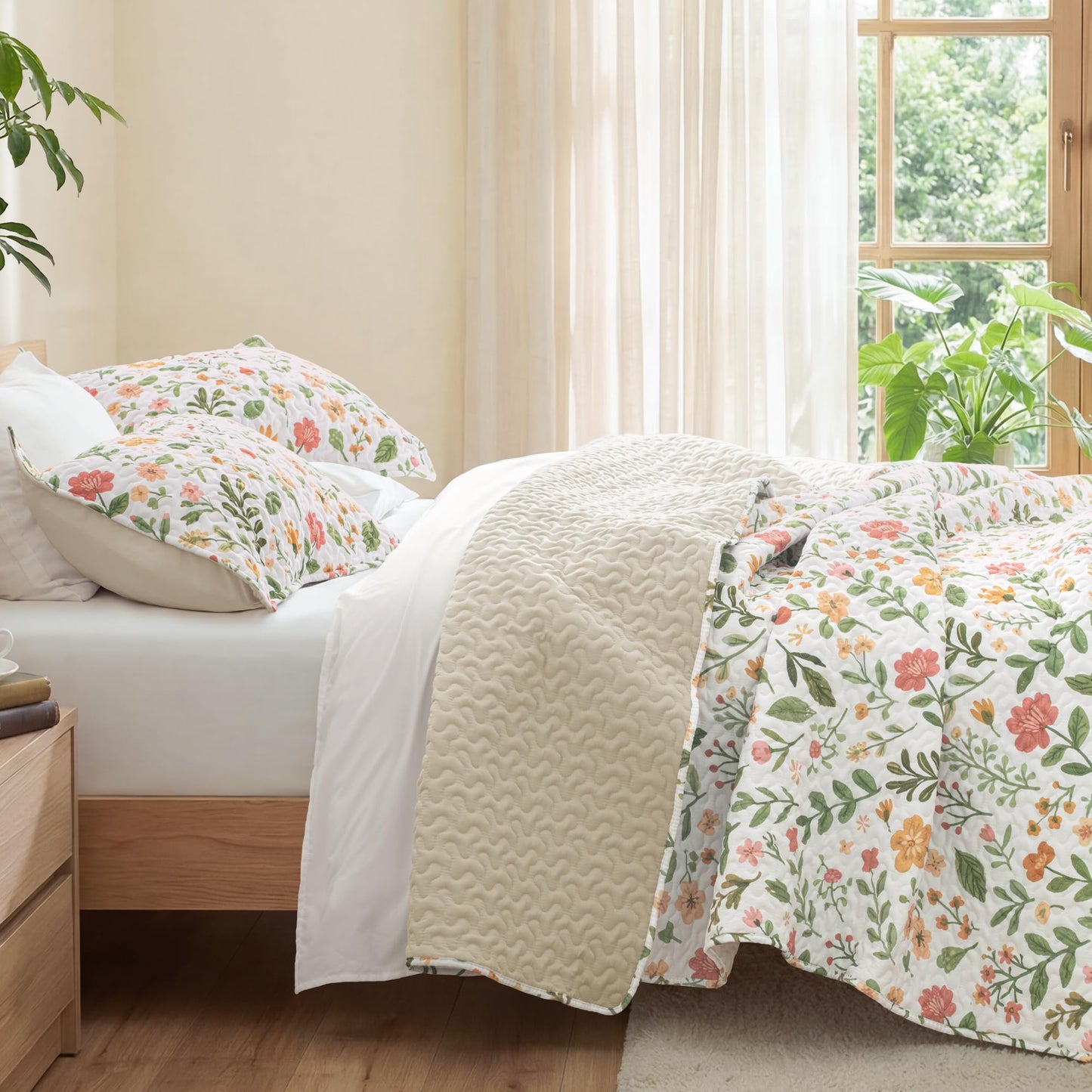 Exclusivo Mezcla Floral Quilt King Size, White King size Quilt Bedding set with Cottagecore Botanical Pattern , Reversible Lightweight Spring Bedspreads Coverlets Bed Cover for All Seasons (104"x96")