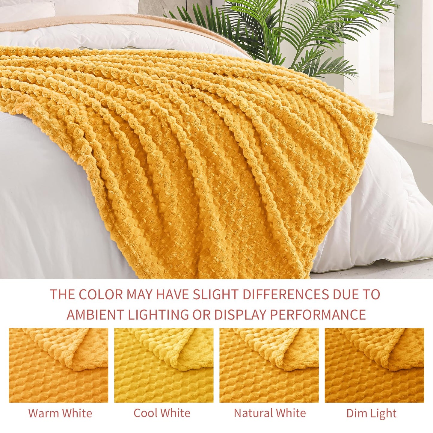 Exclusivo Mezcla Fleece Queen Blanket for Bed, Extra Large Fuzzy Mustard Yellow Bed Blankets, Soft Cozy Plush Sofa Throws for All Seasons, 90x90 Inches