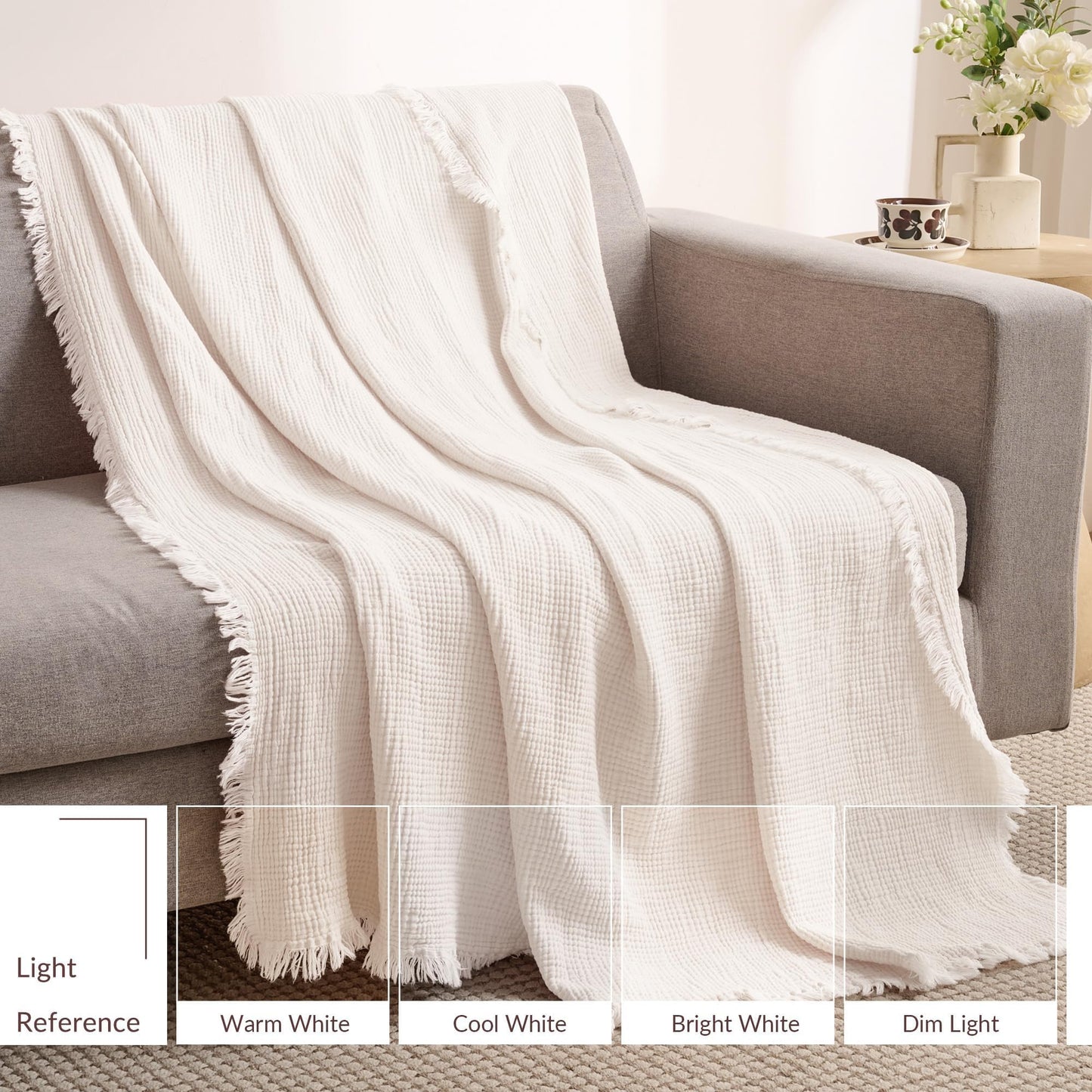 Exclusivo Mezcla 100% Cotton Muslin Throw Blanket , 4 Layers Breathable and Lightweight Gauze Blankets with Fringes for Couch, Soft, Decorative, 50"x70", White
