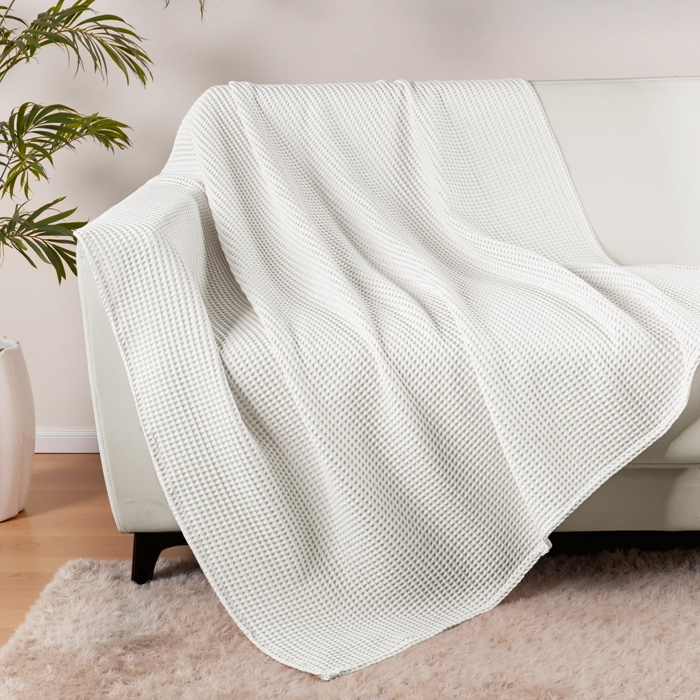 Exclusivo Mezcla 100% Cotton Waffle Weave Throw Blanket, Soft, Lightweight and Breathable Muslin Gauze Blanket for Couch, Sofa, All Season, 50"x70", White