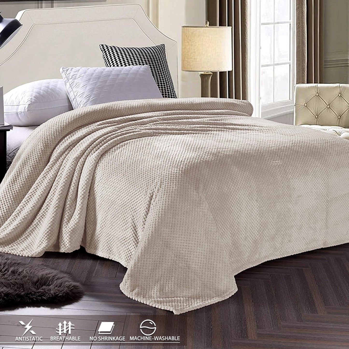 Exclusivo Mezcla Fleece Bed Blanket Twin Size, Super Soft and Warm Blankets for Couch, Sofa and Bed Waffle Textured, Cozy, Fuzzy and Lightweight (Tan, 60x80 Inches)