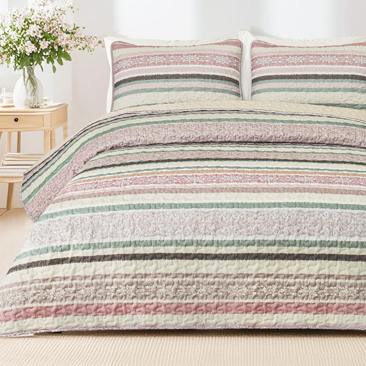 Exclusivo Mezcla Reversible Boho California King Quilt, Pink Soft Bedspreads Lightweight Coverlet All Season Striped Quilts Bedding Set with Printed Floral Pattern (1 Quilt, 2 Pillow Shams)