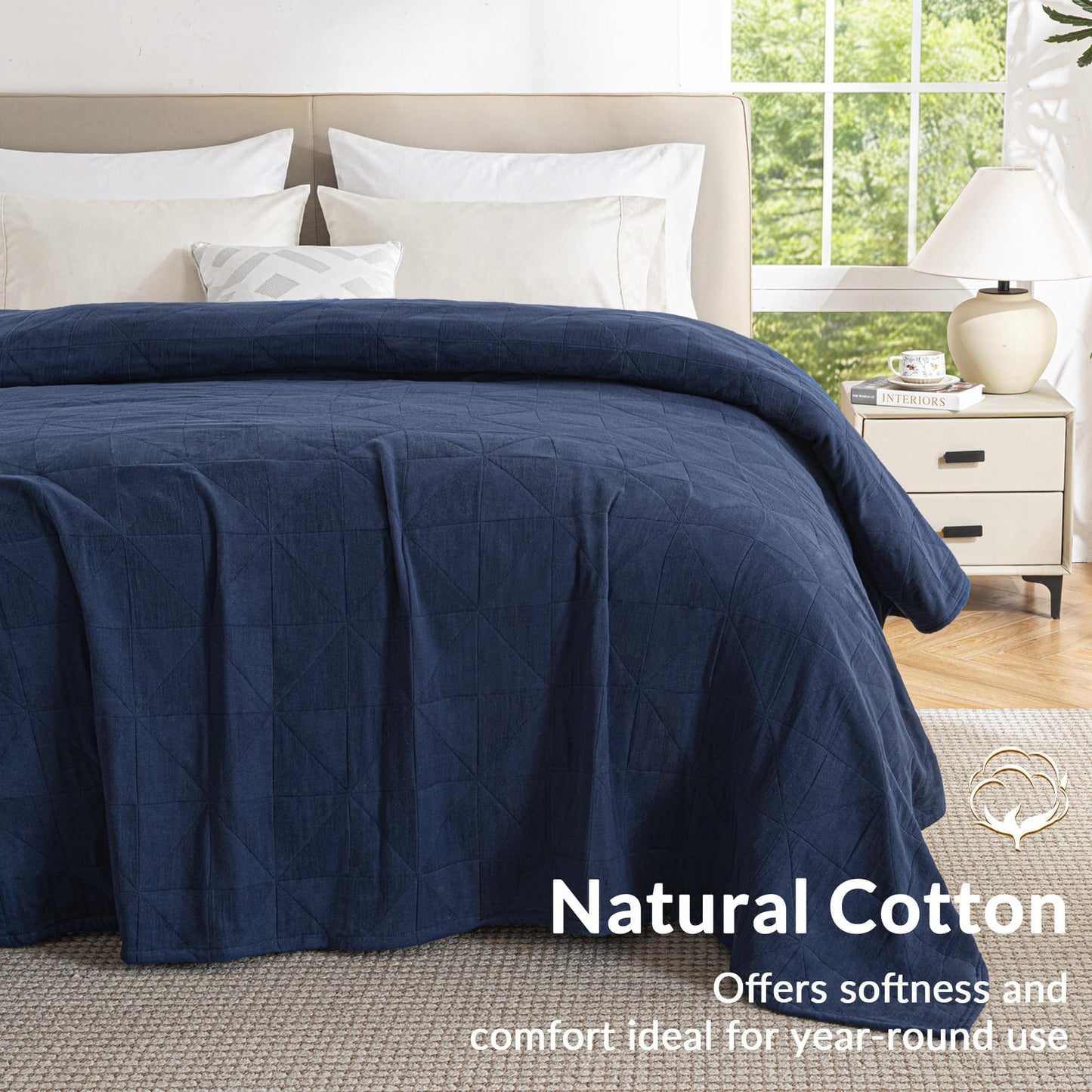 Exclusivo Mezcla 100% Cotton 4 Layers Muslin King Blanket for Bed, Moisture-wicking and Breathable Gauze Blanket with Geometric Pattern for Year Round Comfort, 90"x104", Navy Blue