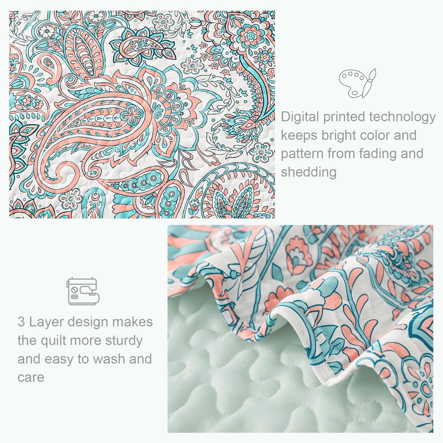 Exclusivo Mezcla Reversible Boho California King Quilt, Aqua Soft Bedspreads Lightweight Coverlet All Season Paisley Quilts Bedding Set with Printed Floral Pattern (1 Quilt, 2 Pillow Shams)