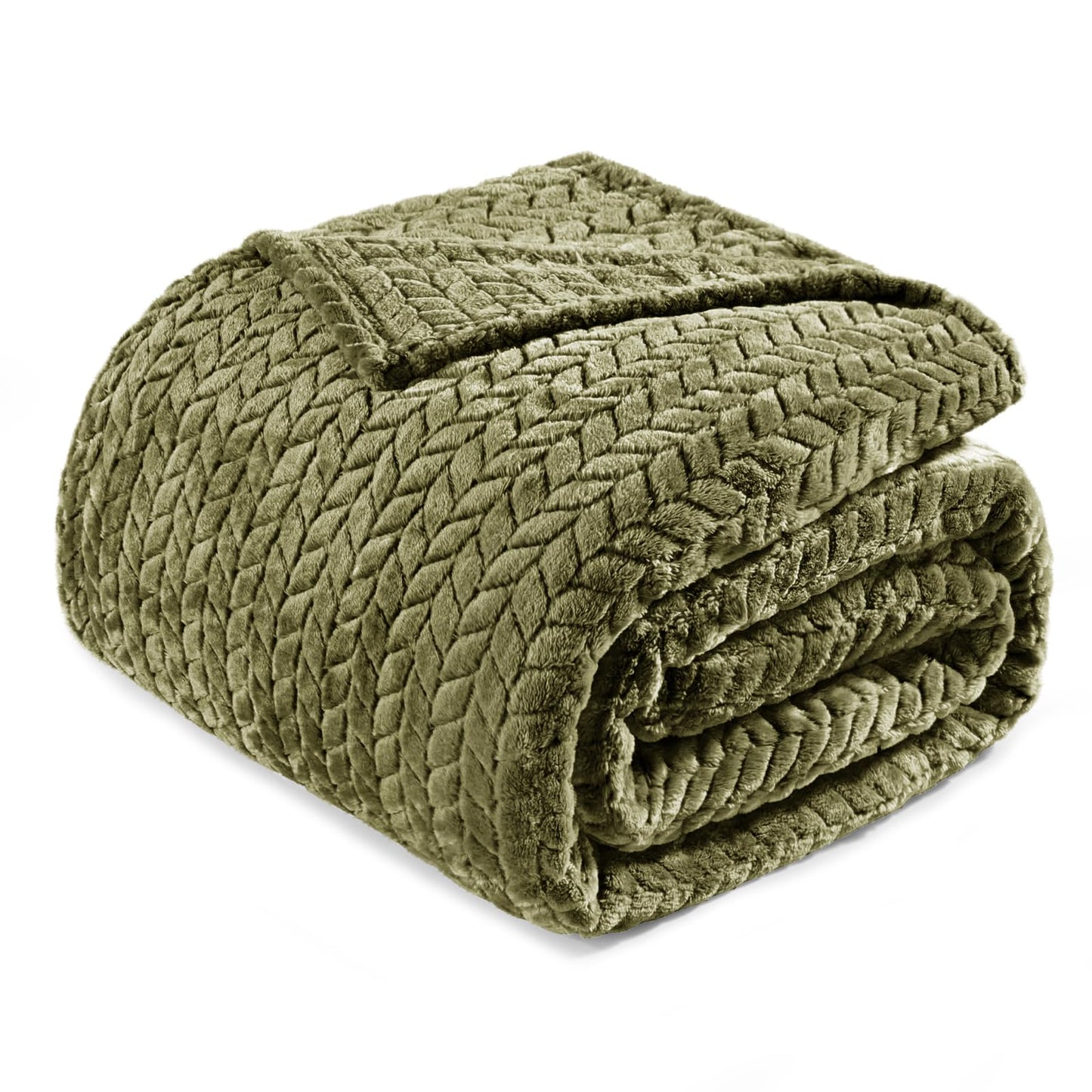 Exclusivo Mezcla Fleece Twin Size Blanket for Bed, 60x80 Inches Soft Cozy Jacquard Flannel Blankets, Lightweight Fuzzy Plush Warm for Women, Olive Green