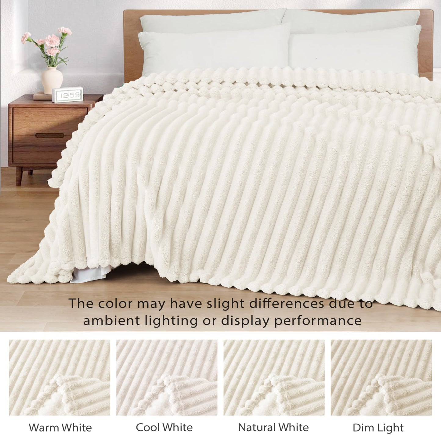 Exclusivo Mezcla California King Size Flannel Fleece Blanket, Super Soft Striped Jacquard Bed Oversized Blanket, Lightweight Fuzzy Cozy for All Seasons, 120x120 Inches, Ivory