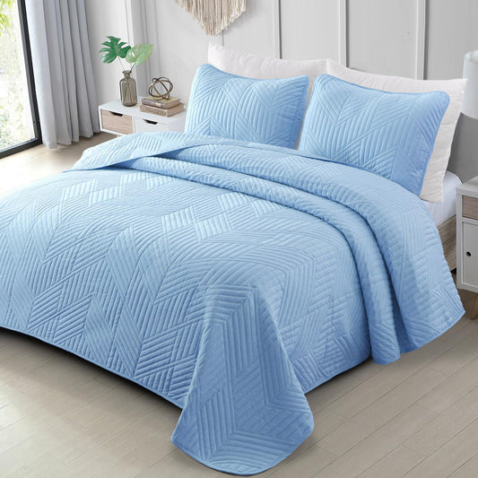 Exclusivo Mezcla Ultrasonic Twin Quilt Bedding Set, Lightweight Light Blue Bedspreads Soft Modern Geometric Coverlet Set for All Seasons (1 Quilt and 1 Pillow Sham)