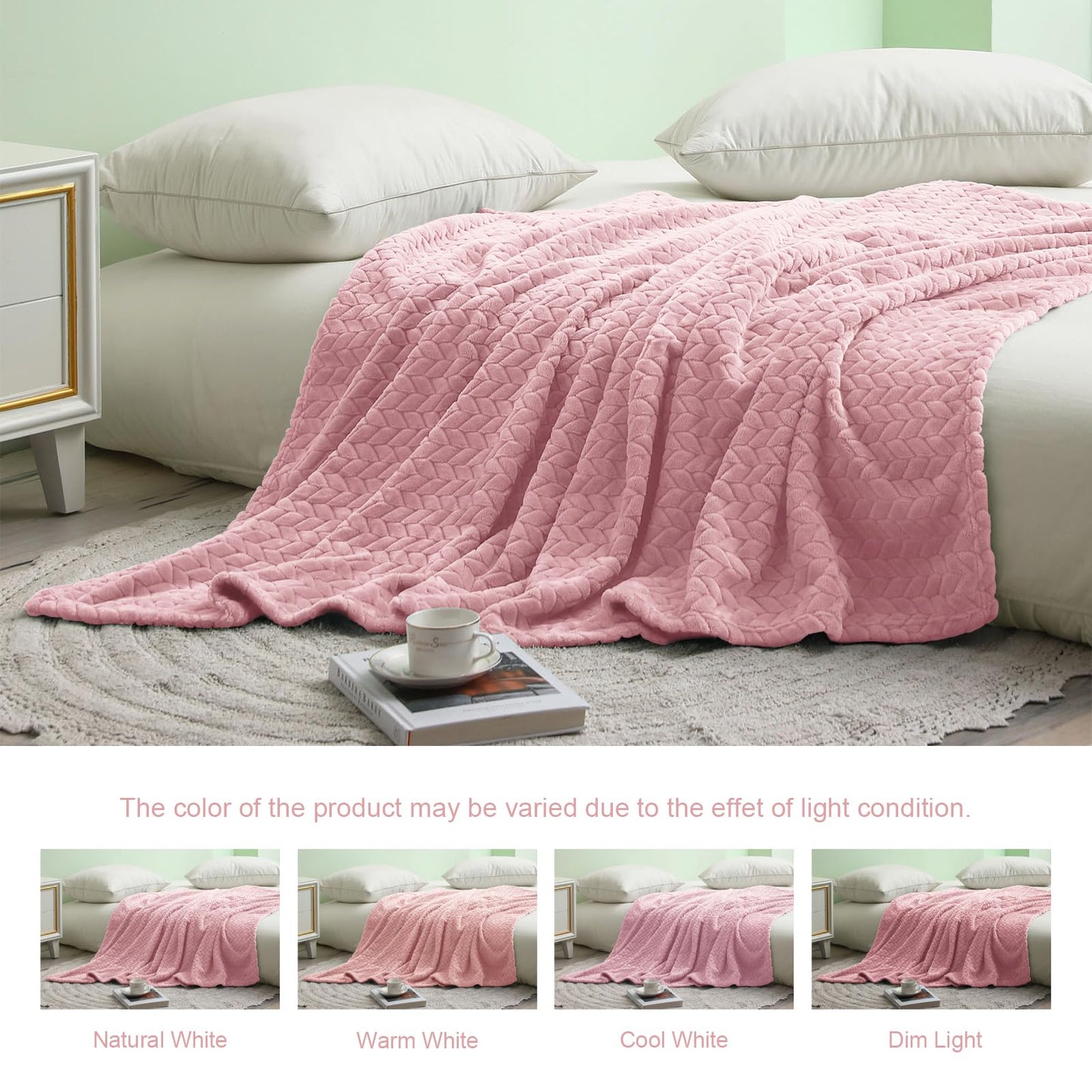 Exclusivo Mezcla Fleece Twin Size Blanket for Bed, 60x80 Inches Soft Cozy Jacquard Flannel Blankets, Lightweight Fuzzy Plush Warm for Women, Pink