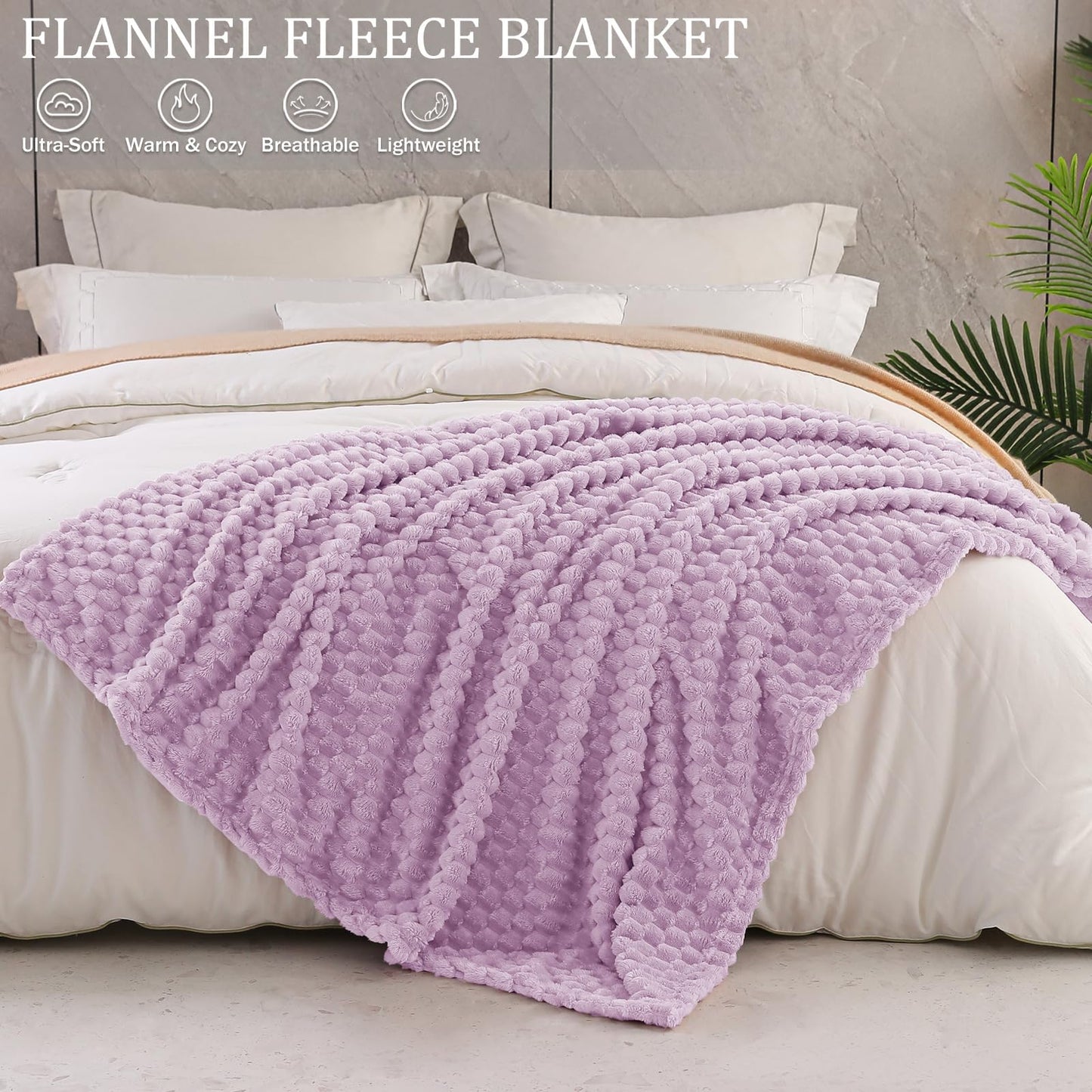 Exclusivo Mezcla Large Soft Fleece Throw Blanket, 50"x70" Stylish Jacquard Throw Blanket for Couch, Cozy, Warm, Lightweight Lilac Purple Blanket