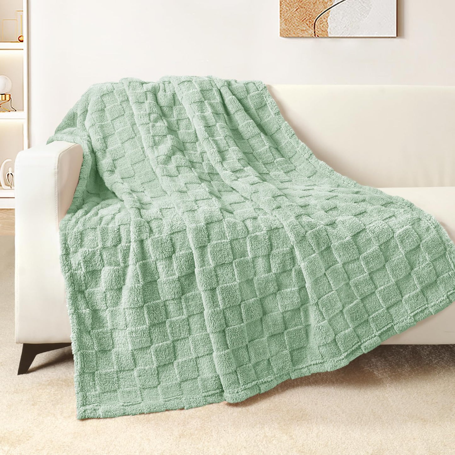 Exclusivo Mezcla Fleece Throw Blanket for Couch, Super Soft Warm Lightweight Checkered Pattern Blanket for All Seasons, Sage Green, 50"x60"